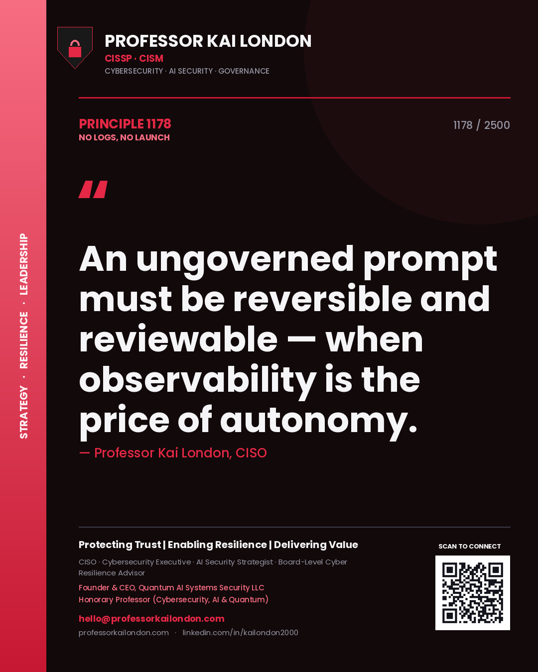 Quote card by Professor Kai London reading 'An ungoverned prompt must be reversible and reviewable — when observability is the price of autonomy.'. From the book No Logs, No Launch.