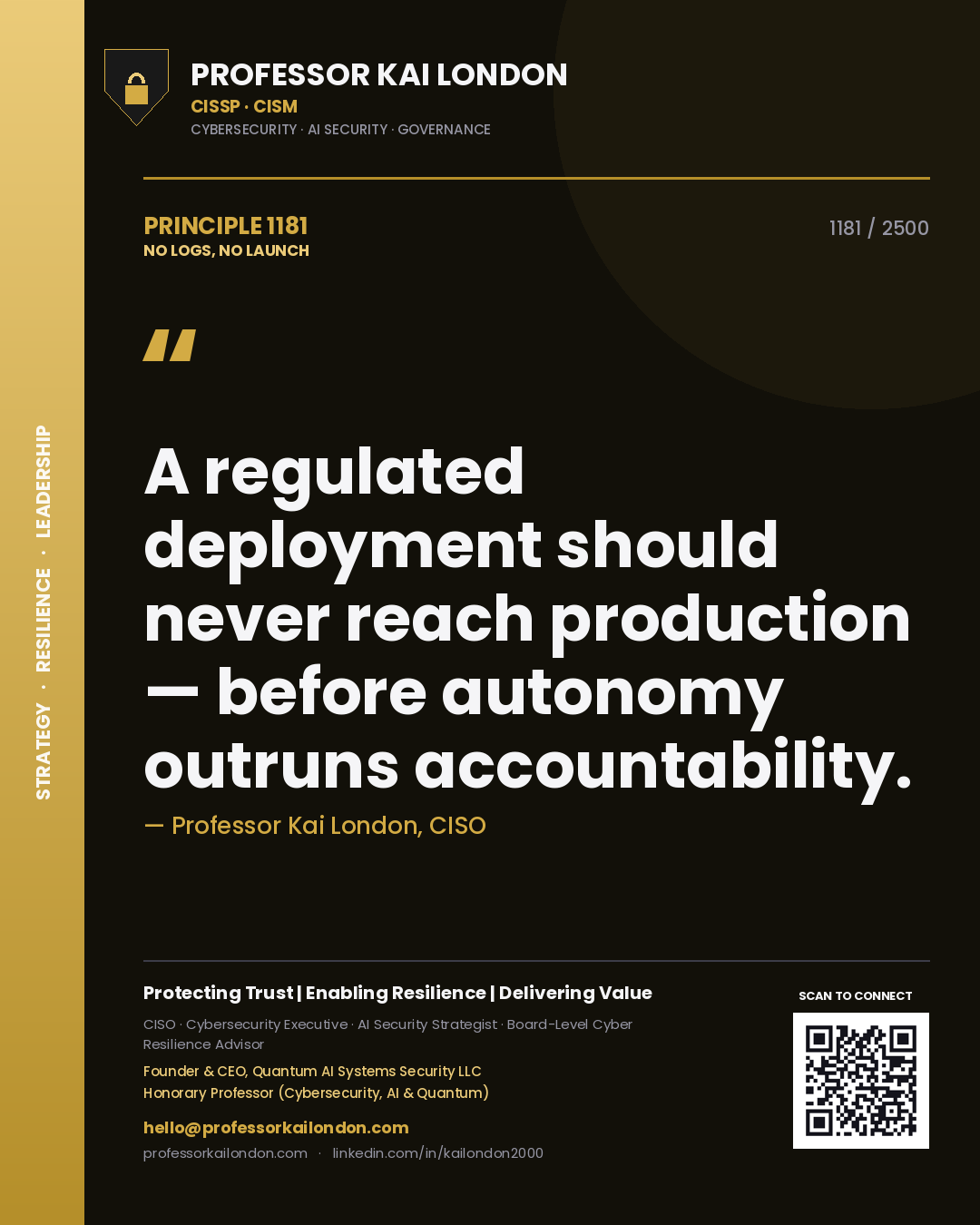 Quote card by Professor Kai London reading 'A regulated deployment should never reach production — before autonomy outruns accountability.'. From the book No Logs, No Launch.