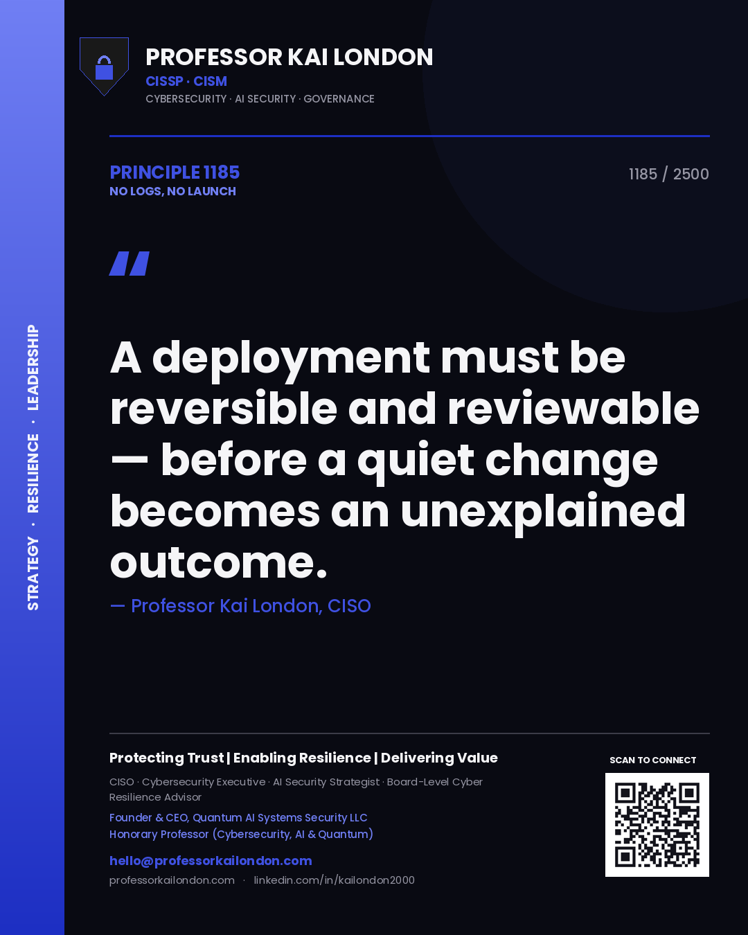 Professor Kai London principle 1185: A deployment must be reversible and reviewable — before a quiet change becomes an unexplained outcome.