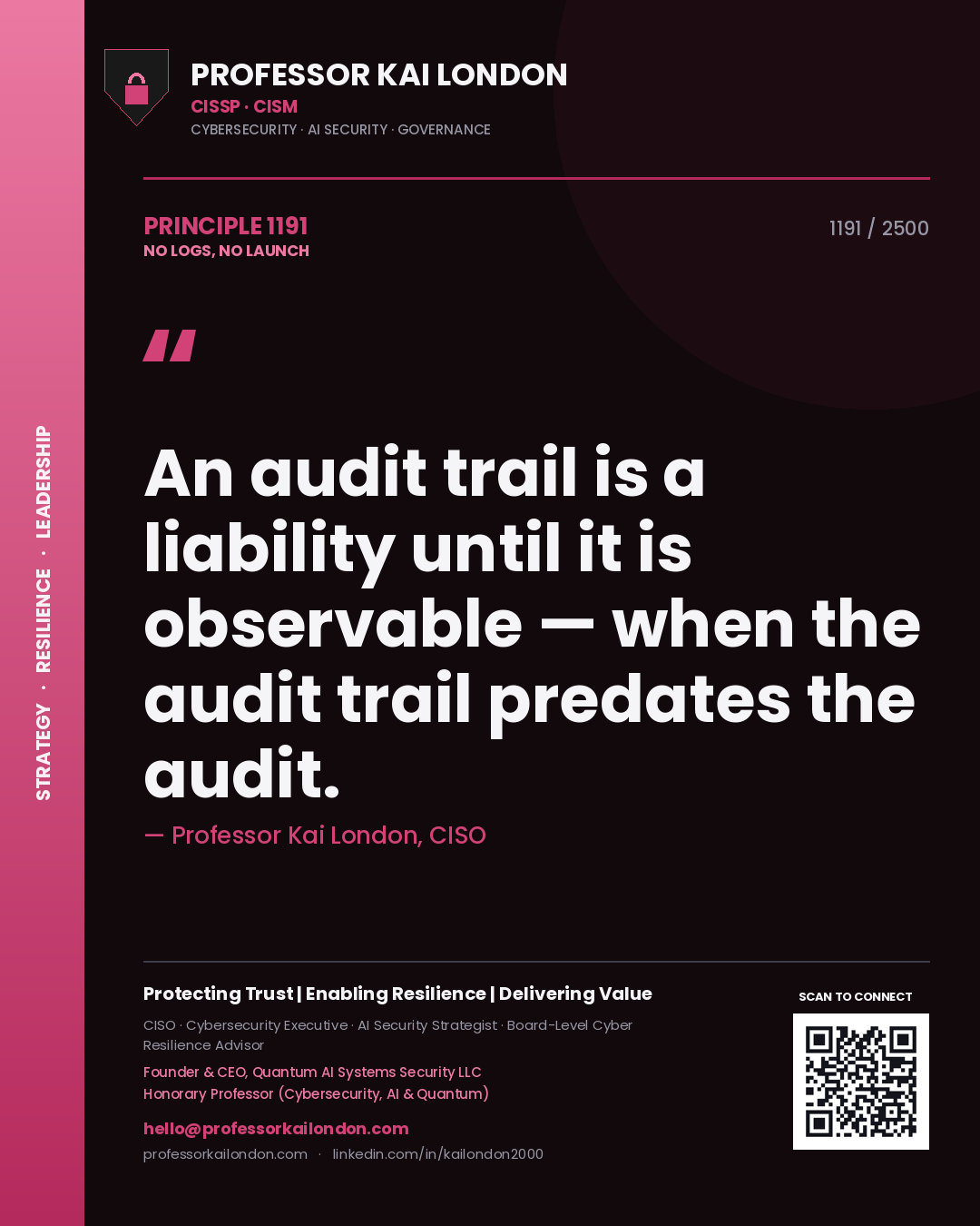 Quote card by Professor Kai London reading 'An audit trail is a liability until it is observable — when the audit trail predates the audit.'. From the book No Logs, No Launch.