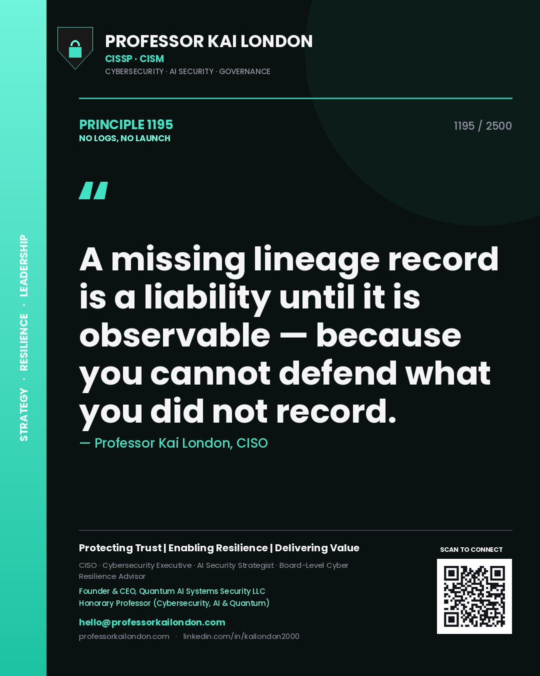 Professor Kai London principle 1195: A missing lineage record is a liability until it is observable — because you cannot defend what you did not record.