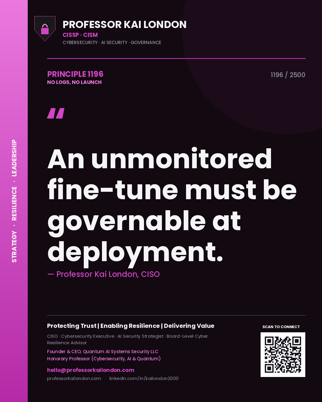 Quote card by Professor Kai London reading 'An unmonitored fine-tune must be governable at deployment.'. From the book No Logs, No Launch.