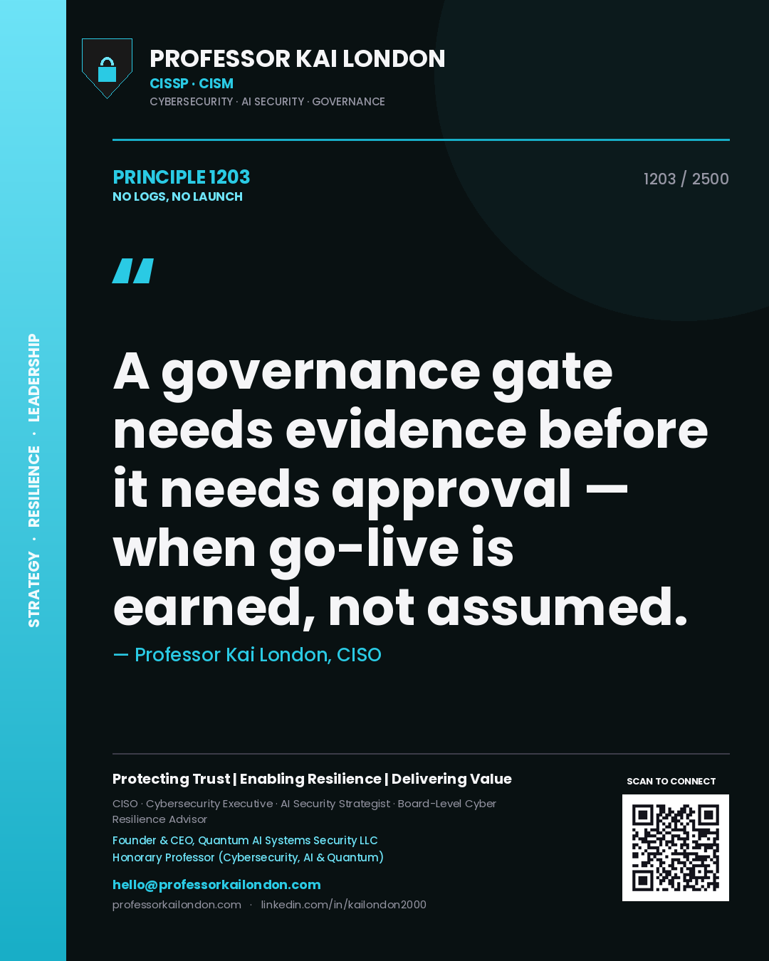 Professor Kai London principle 1203: A governance gate needs evidence before it needs approval — when go-live is earned, not assumed.