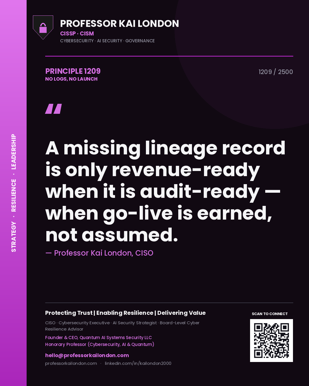 Professor Kai London principle 1209: A missing lineage record is only revenue-ready when it is audit-ready — when go-live is earned, not assumed.