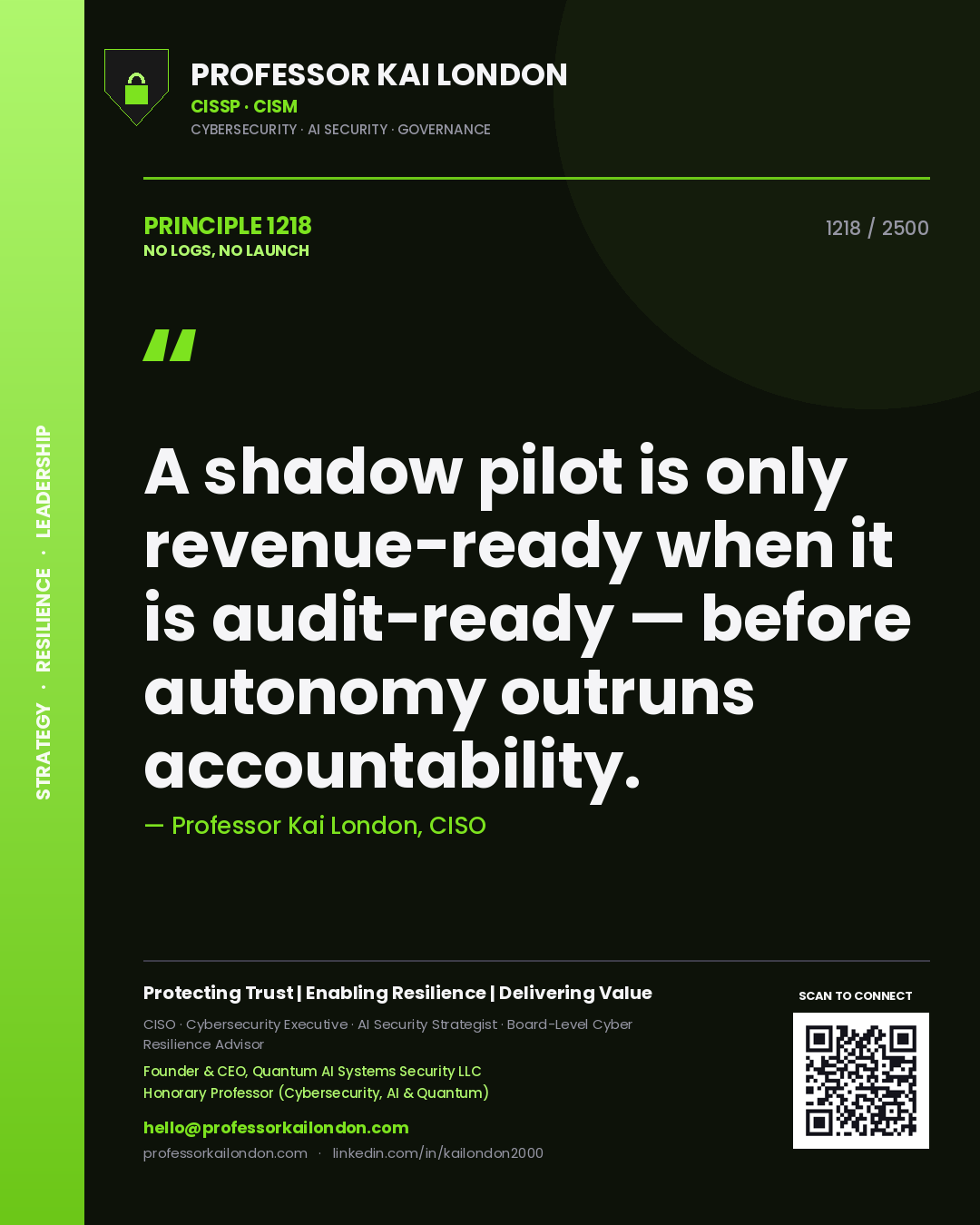 Quote card by Professor Kai London reading 'A shadow pilot is only revenue-ready when it is audit-ready — before autonomy outruns accountability.'. From the book No Logs, No Launch.
