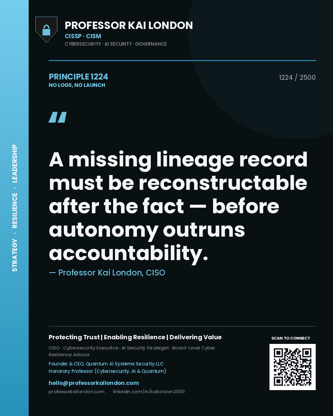 Quote card by Professor Kai London reading 'A missing lineage record must be reconstructable after the fact — before autonomy outruns accountability.'. From the book No Logs, No Launch.