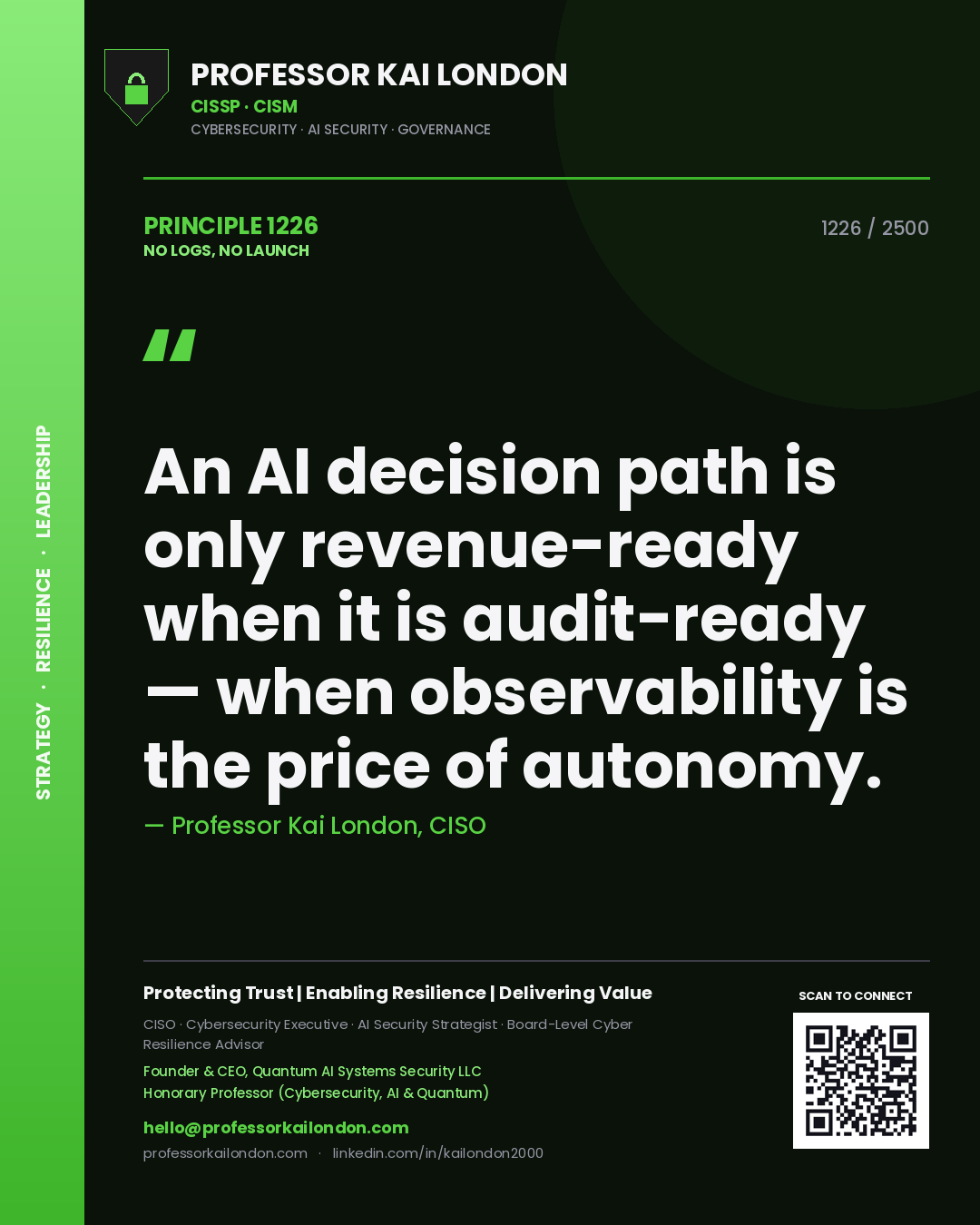 Professor Kai London principle 1226: An AI decision path is only revenue-ready when it is audit-ready — when observability is the price of autonomy.