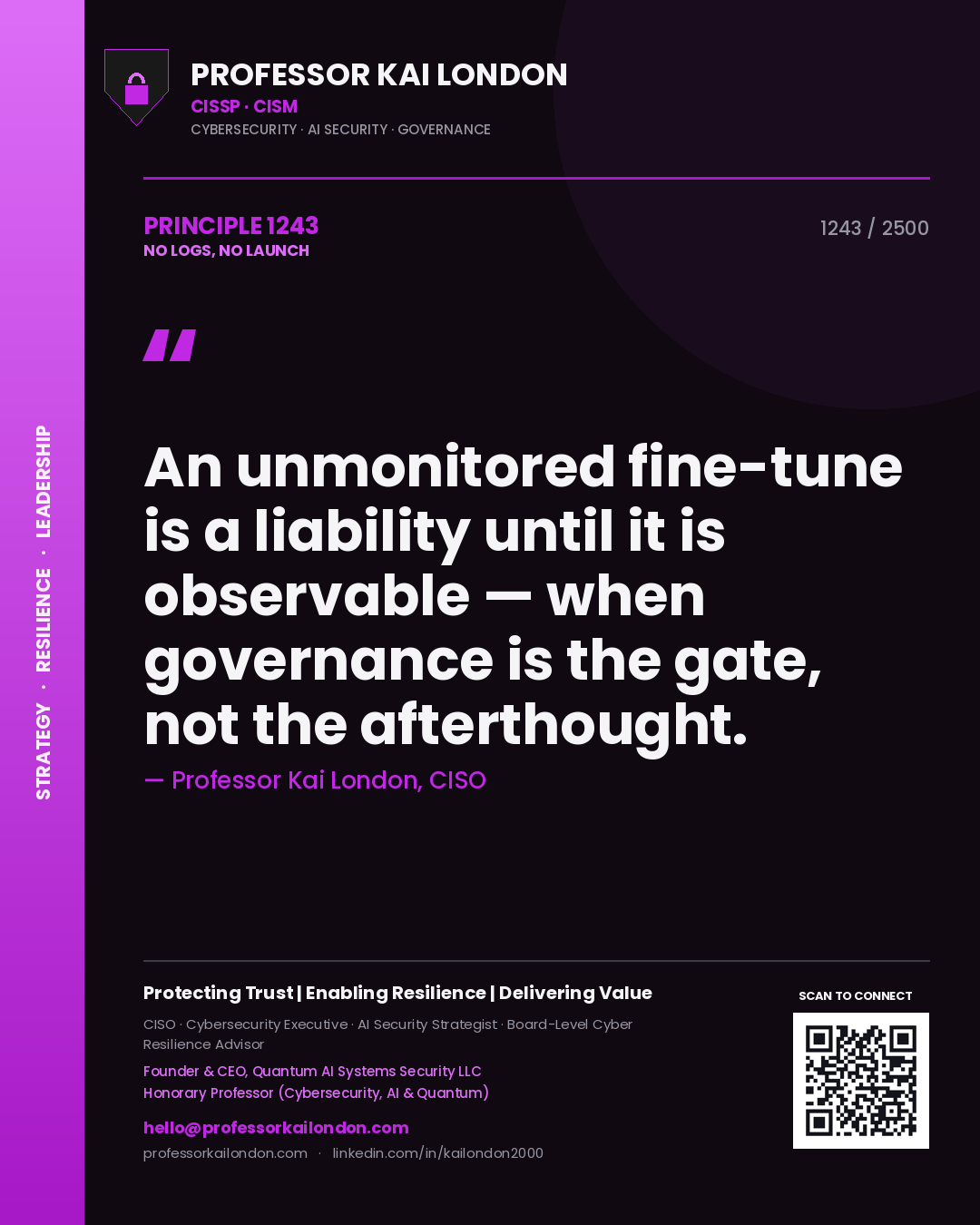 Quote card by Professor Kai London reading 'An unmonitored fine-tune is a liability until it is observable — when governance is the gate, not the afterthought.'. From the book No Logs, No Launch.