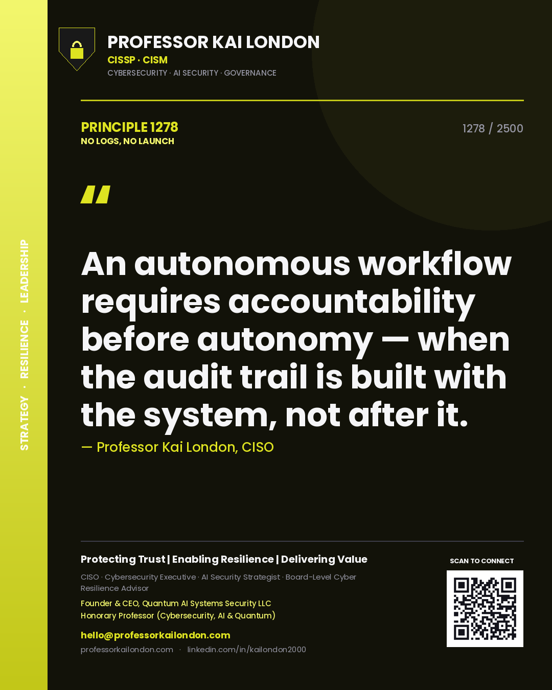 Professor Kai London principle 1278: An autonomous workflow requires accountability before autonomy — when the audit trail is built with the system, not after it.