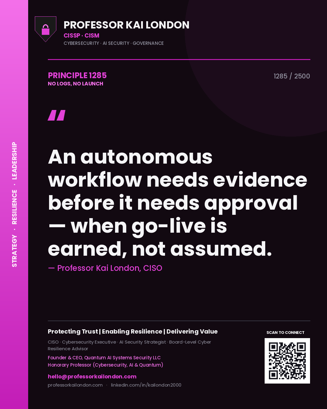 Professor Kai London principle 1285: An autonomous workflow needs evidence before it needs approval — when go-live is earned, not assumed.