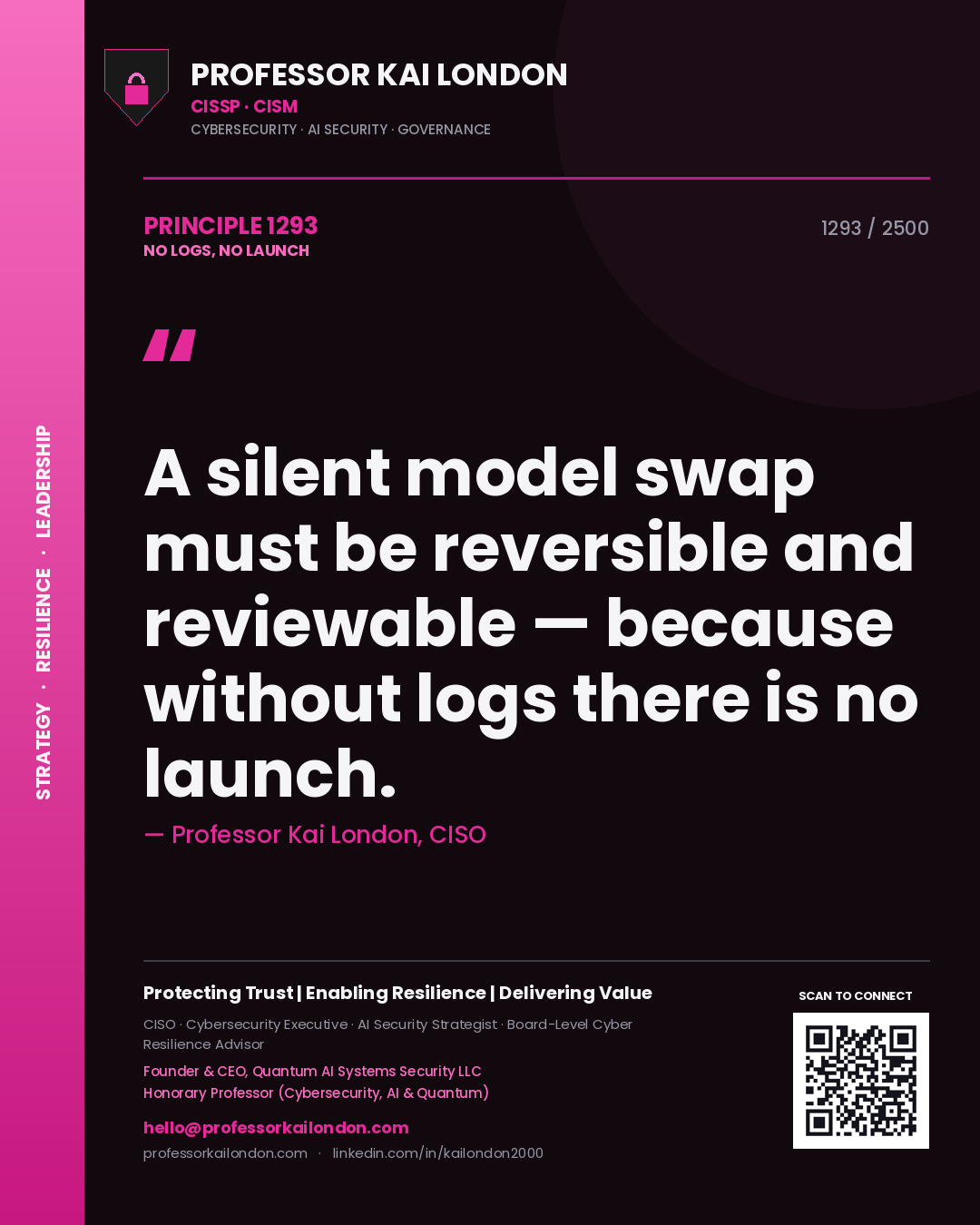 Professor Kai London principle 1293: A silent model swap must be reversible and reviewable — because without logs there is no launch.