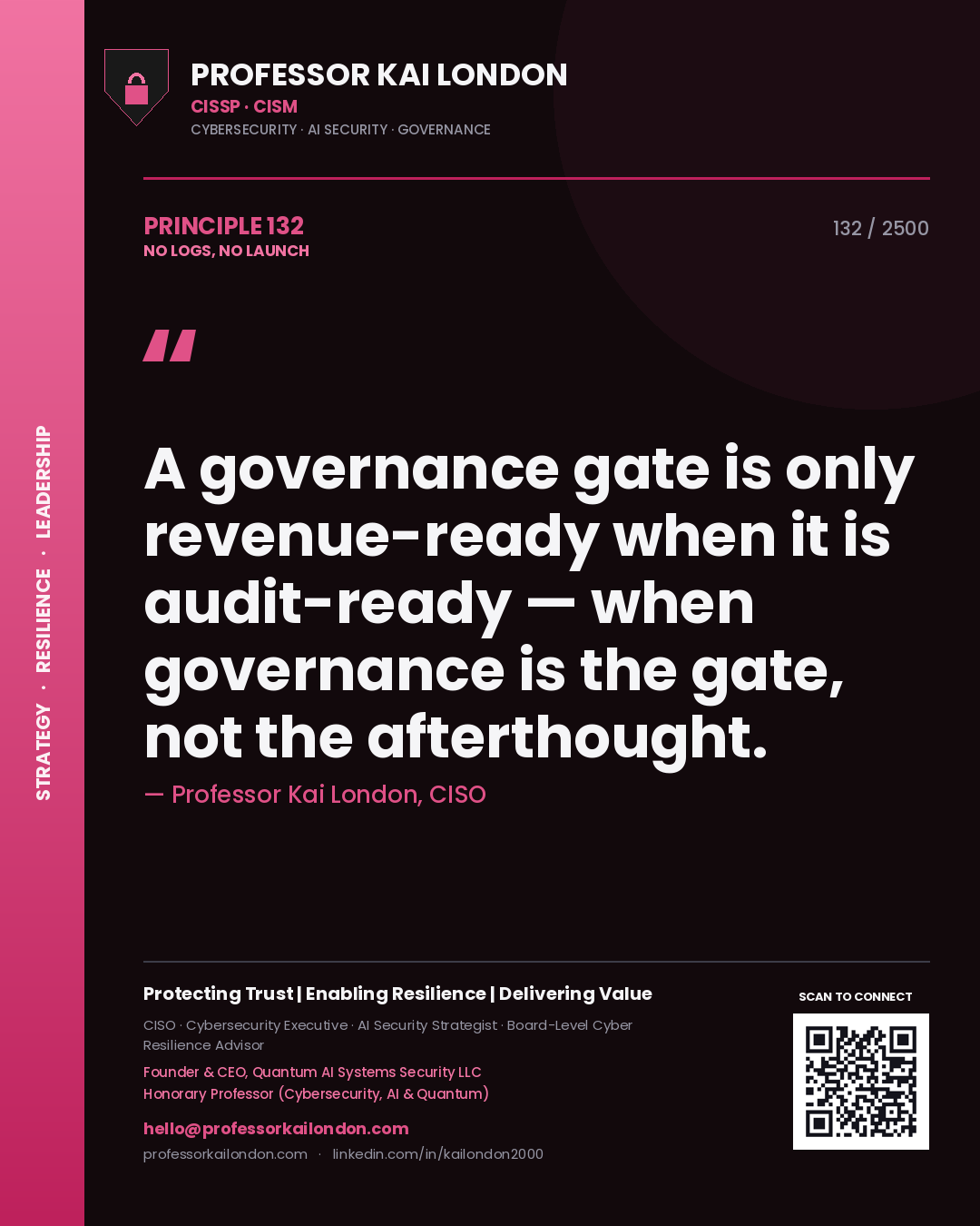 Quote card by Professor Kai London reading 'A governance gate is only revenue-ready when it is audit-ready — when governance is the gate, not the afterthought.'. From the book No Logs, No Launch.