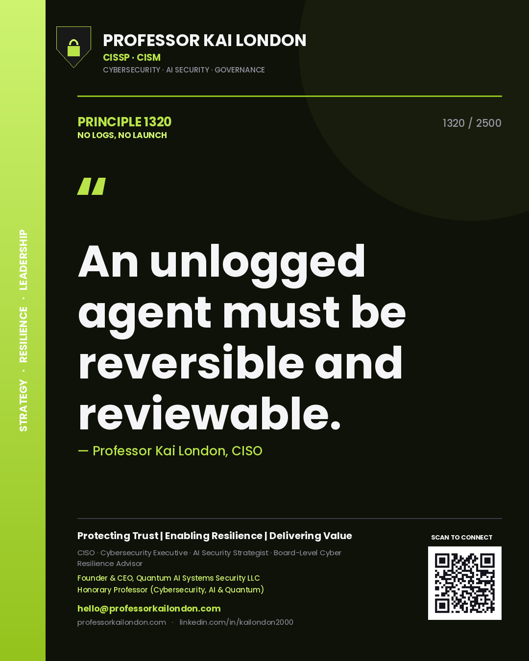 Quote card by Professor Kai London reading 'An unlogged agent must be reversible and reviewable.'. From the book No Logs, No Launch.