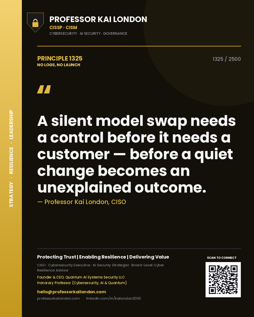 Quote card by Professor Kai London reading 'A silent model swap needs a control before it needs a customer — before a quiet change becomes an unexplained outcome.'. From the book No Logs, No Launch.