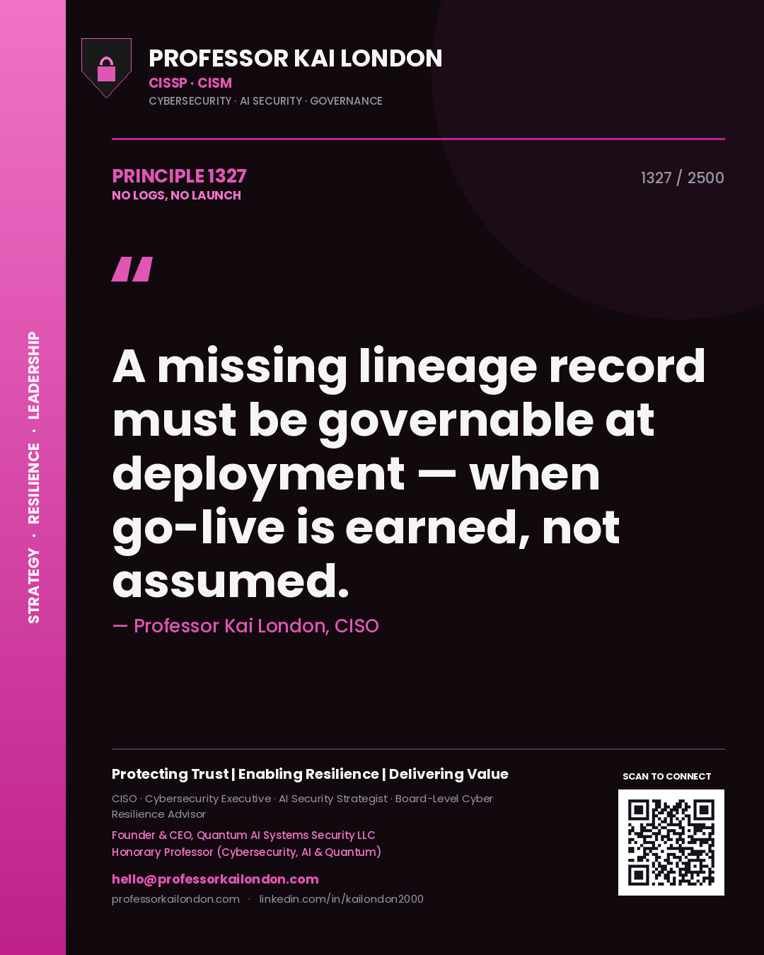 Professor Kai London principle 1327: A missing lineage record must be governable at deployment — when go-live is earned, not assumed.