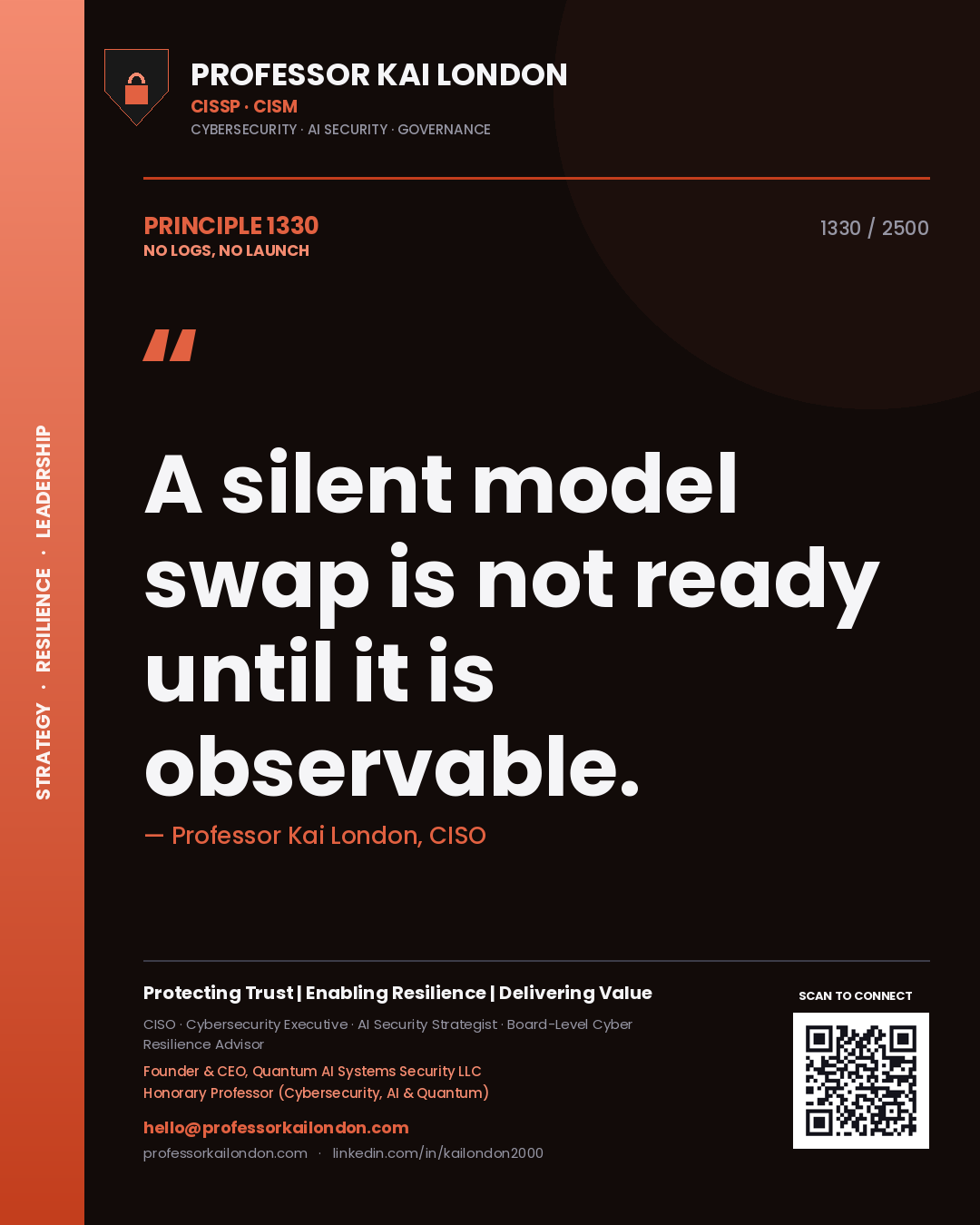 Quote card by Professor Kai London reading 'A silent model swap is not ready until it is observable.'. From the book No Logs, No Launch.