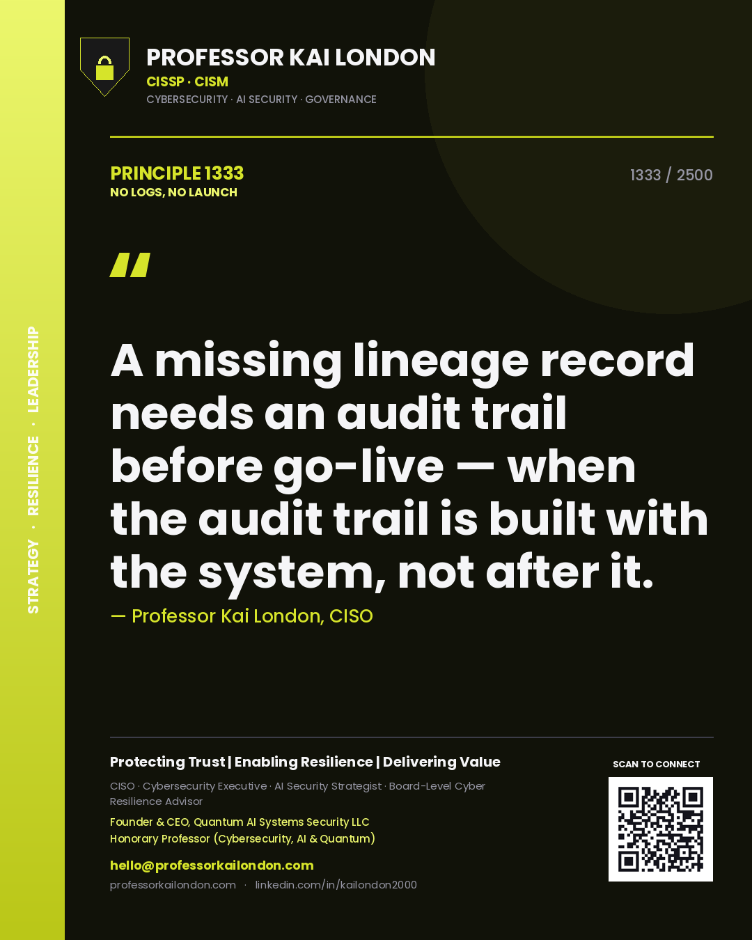 Professor Kai London principle 1333: A missing lineage record needs an audit trail before go-live — when the audit trail is built with the system, not after it.