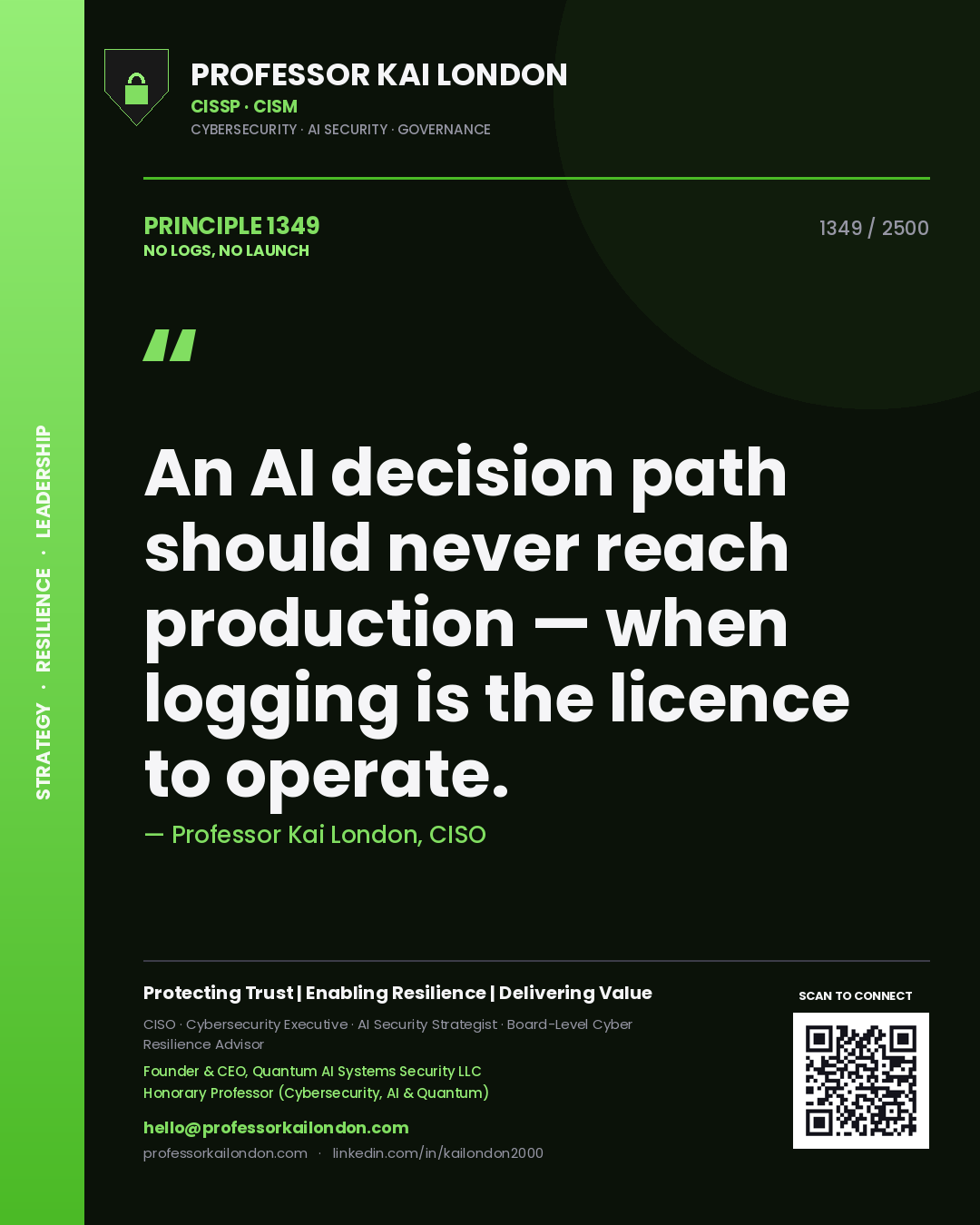Quote card by Professor Kai London reading 'An AI decision path should never reach production — when logging is the licence to operate.'. From the book No Logs, No Launch.