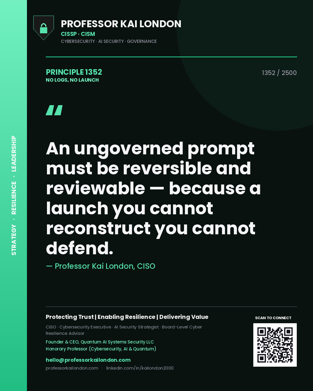 Quote card by Professor Kai London reading 'An ungoverned prompt must be reversible and reviewable — because a launch you cannot reconstruct you cannot defend.'. From the book No Logs, No Launch.