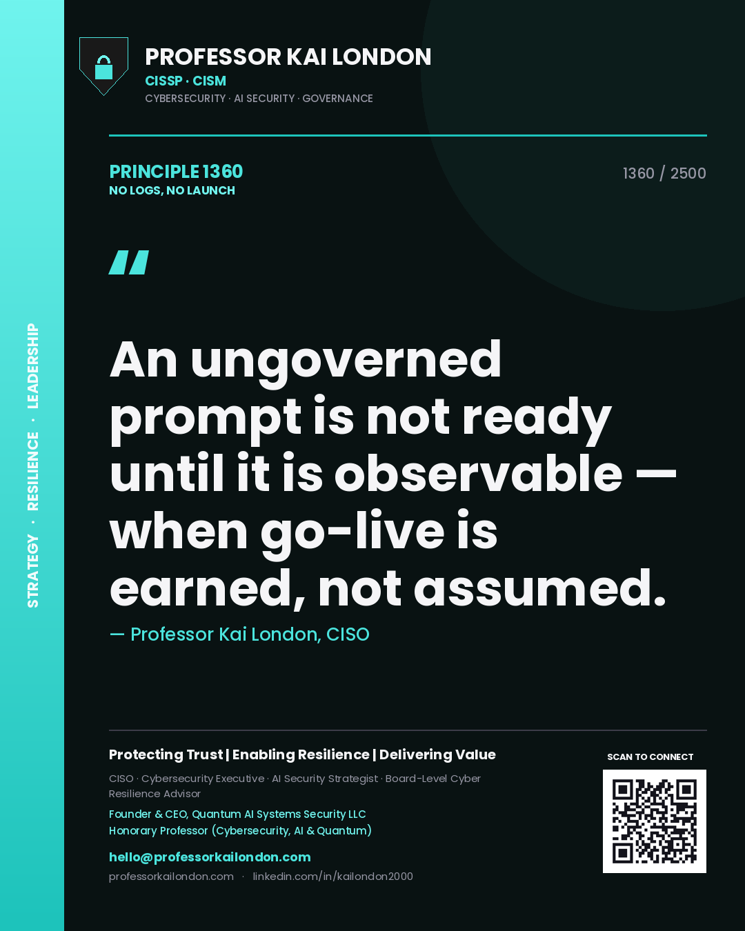 Quote card by Professor Kai London reading 'An ungoverned prompt is not ready until it is observable — when go-live is earned, not assumed.'. From the book No Logs, No Launch.