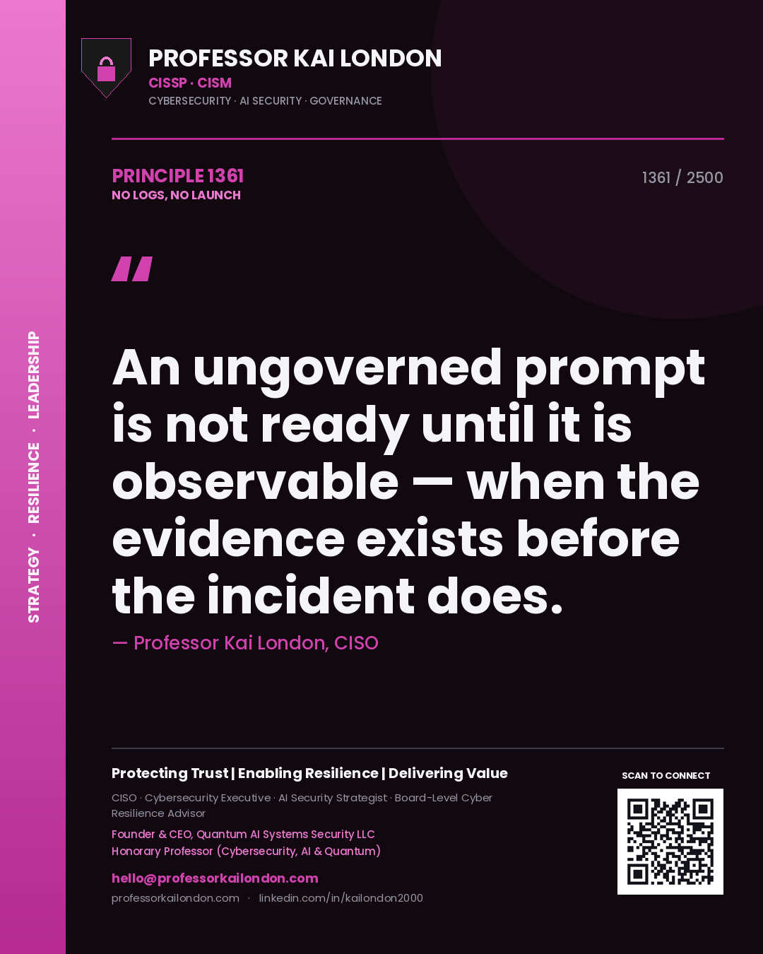 Quote card by Professor Kai London reading 'An ungoverned prompt is not ready until it is observable — when the evidence exists before the incident does.'. From the book No Logs, No Launch.