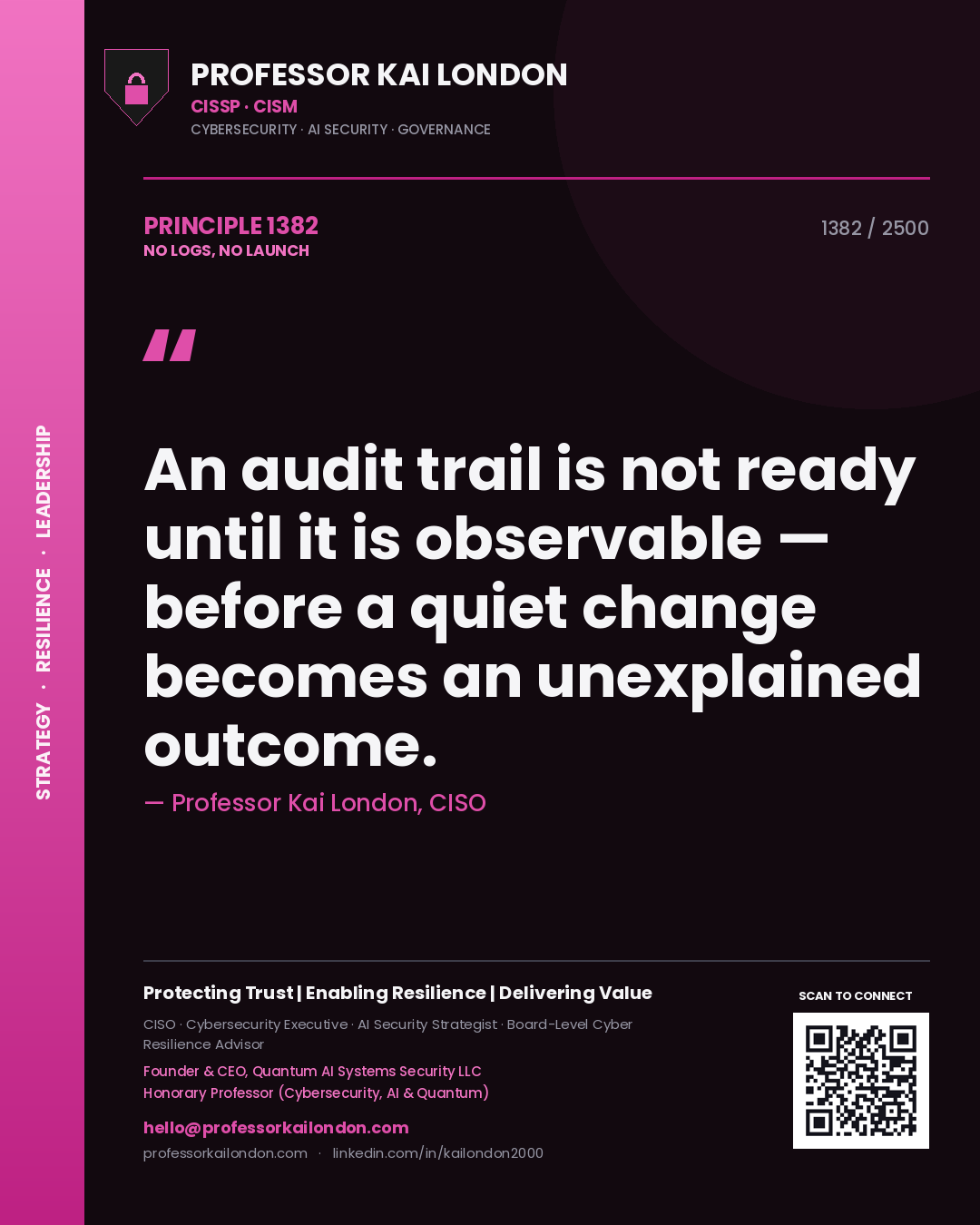 Professor Kai London principle 1382: An audit trail is not ready until it is observable — before a quiet change becomes an unexplained outcome.