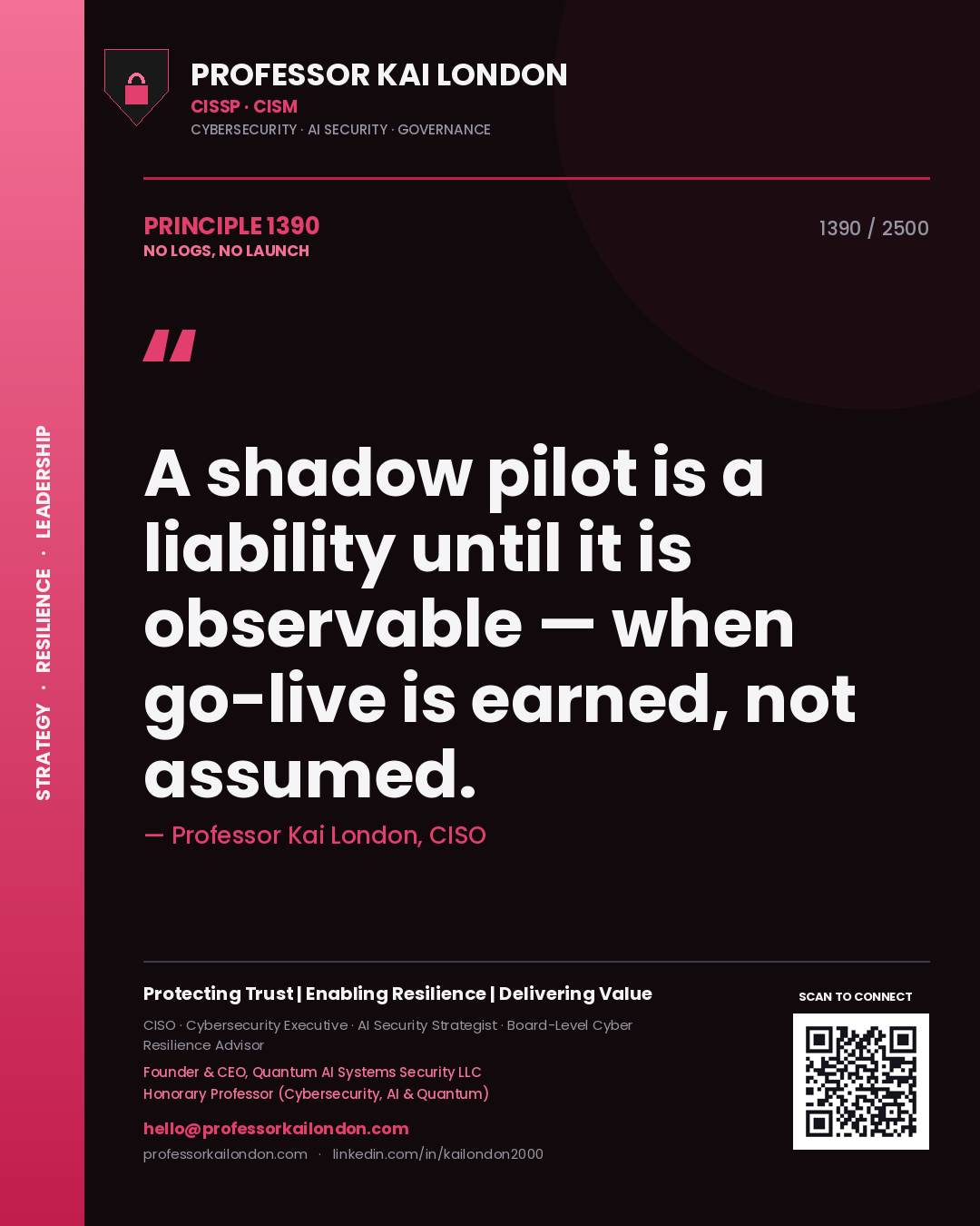 Professor Kai London principle 1390: A shadow pilot is a liability until it is observable — when go-live is earned, not assumed.