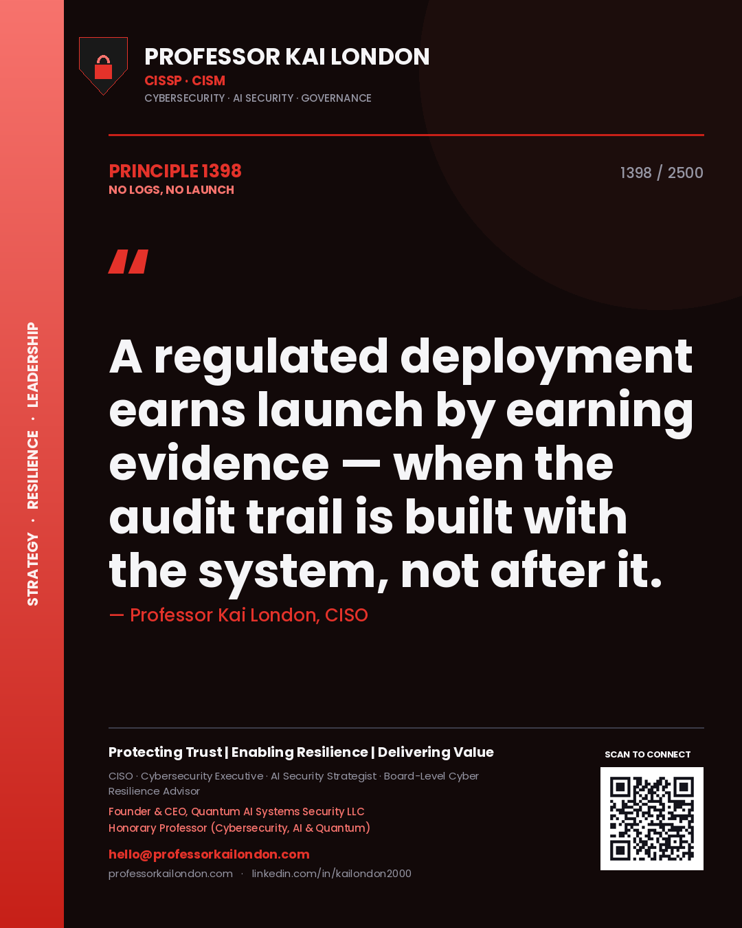 Professor Kai London principle 1398: A regulated deployment earns launch by earning evidence — when the audit trail is built with the system, not after it.
