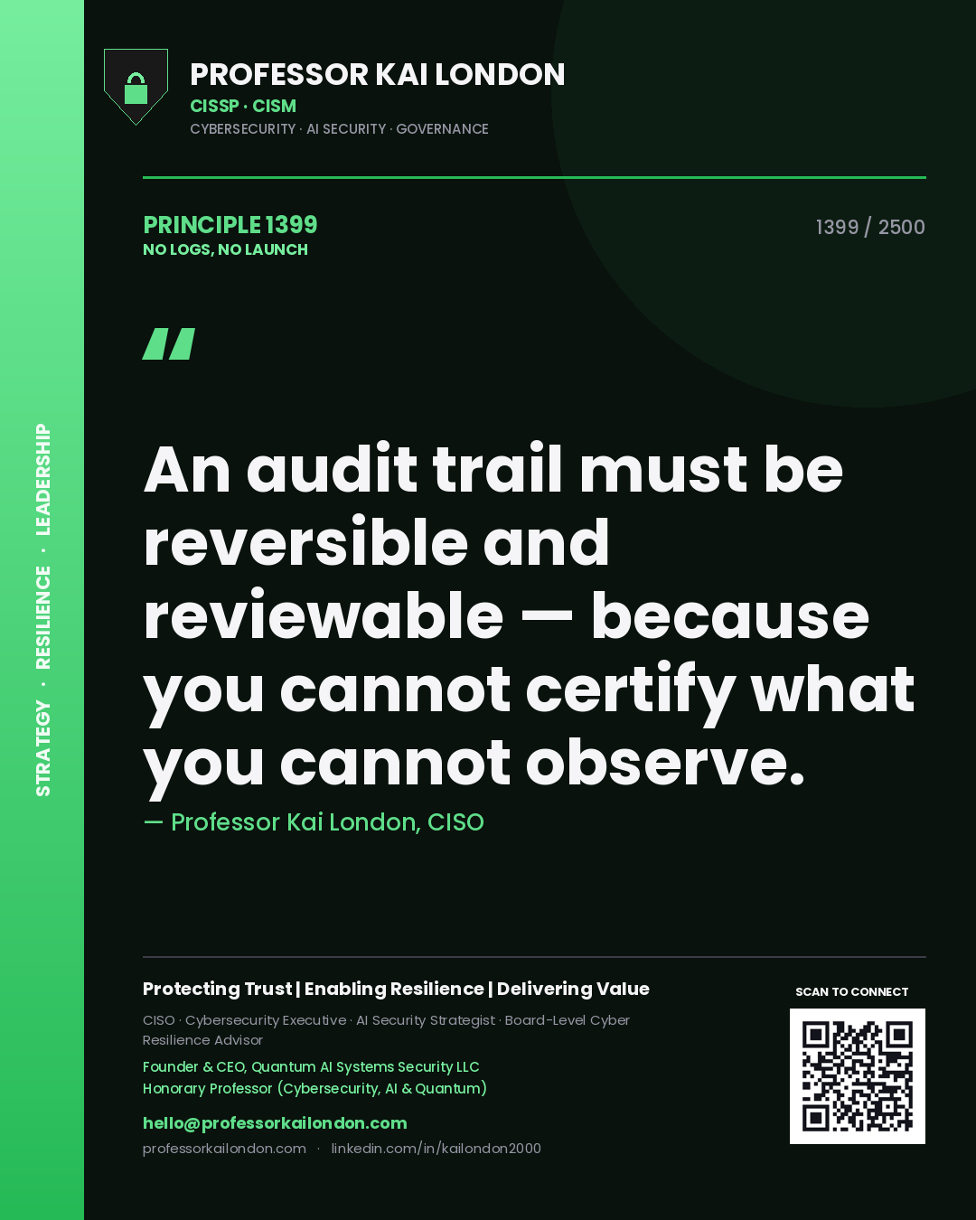 Quote card by Professor Kai London reading 'An audit trail must be reversible and reviewable — because you cannot certify what you cannot observe.'. From the book No Logs, No Launch.