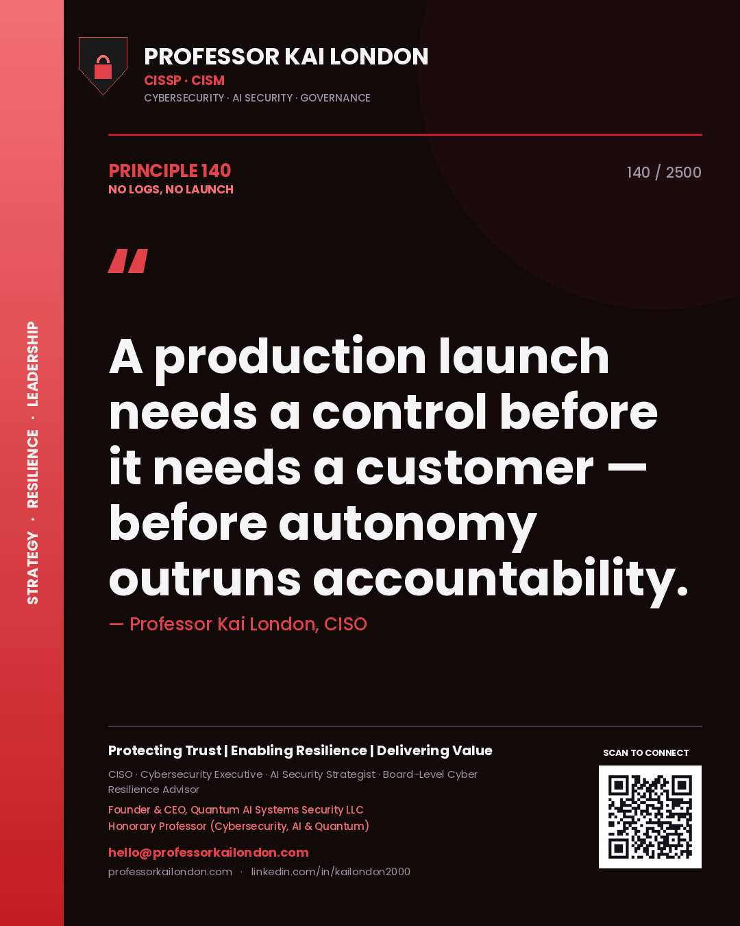 Quote card by Professor Kai London reading 'A production launch needs a control before it needs a customer — before autonomy outruns accountability.'. From the book No Logs, No Launch.