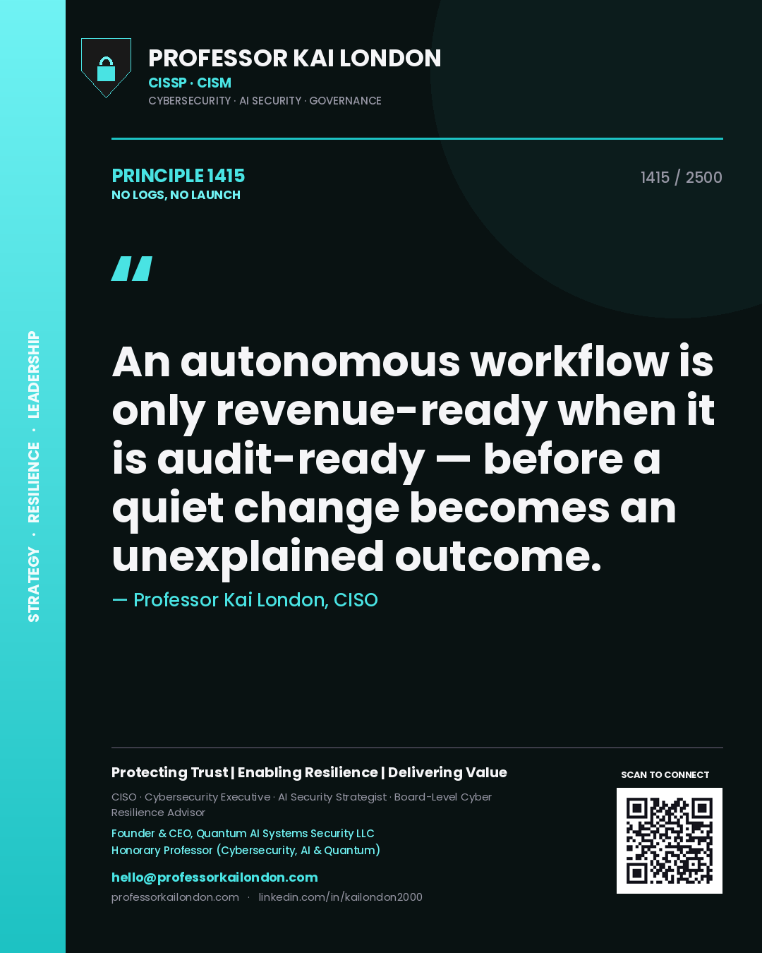 Professor Kai London principle 1415: An autonomous workflow is only revenue-ready when it is audit-ready — before a quiet change becomes an unexplained outcome.
