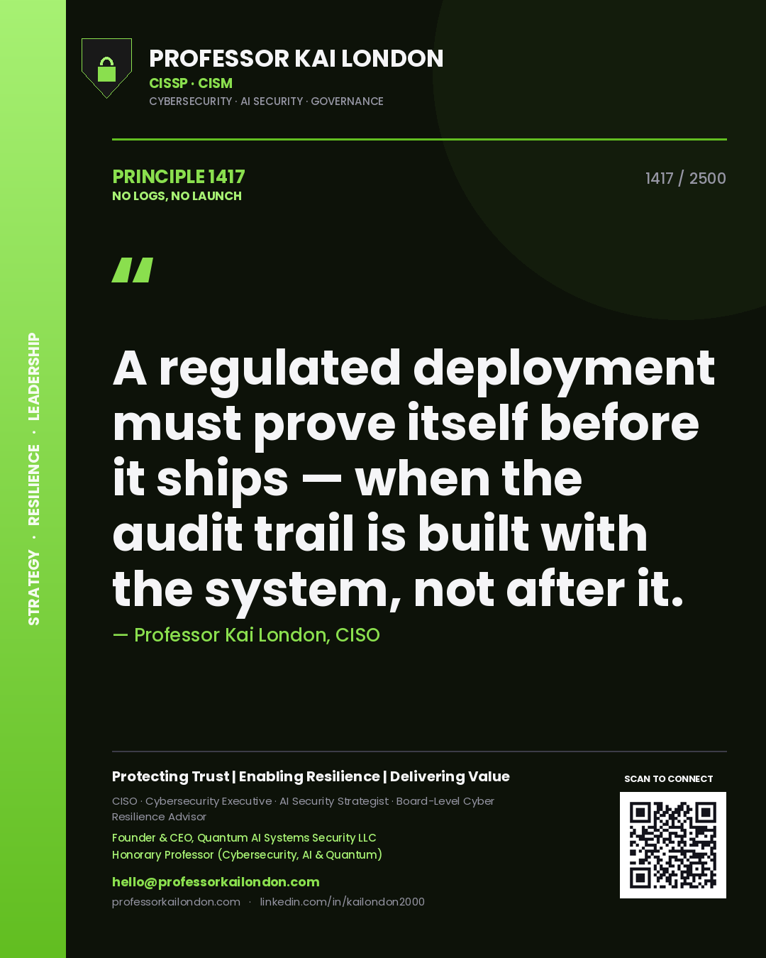 Quote card by Professor Kai London reading 'A regulated deployment must prove itself before it ships — when the audit trail is built with the system, not after it.'. From the book No Logs, No Launch.