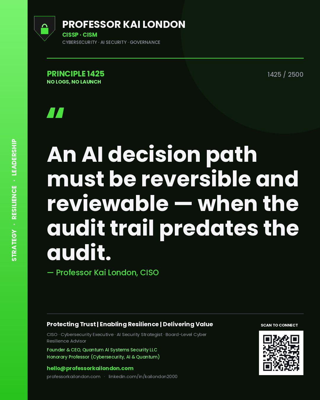 Quote card by Professor Kai London reading 'An AI decision path must be reversible and reviewable — when the audit trail predates the audit.'. From the book No Logs, No Launch.