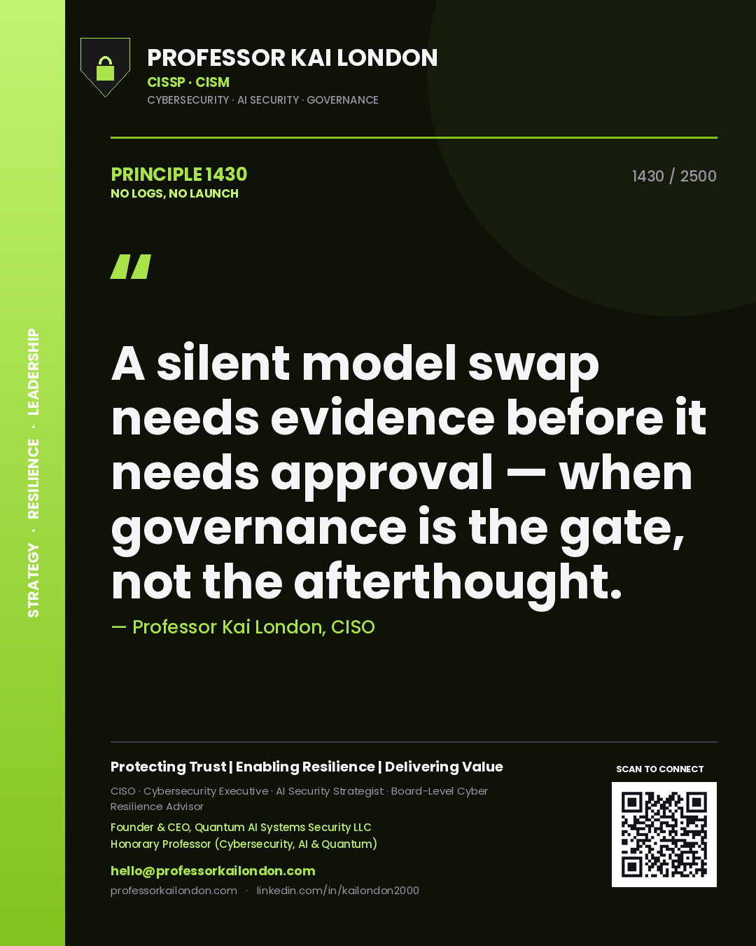 Quote card by Professor Kai London reading 'A silent model swap needs evidence before it needs approval — when governance is the gate, not the afterthought.'. From the book No Logs, No Launch.