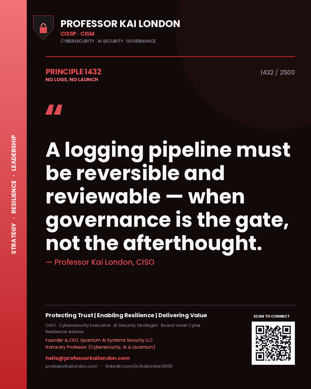 Quote card by Professor Kai London reading 'A logging pipeline must be reversible and reviewable — when governance is the gate, not the afterthought.'. From the book No Logs, No Launch.