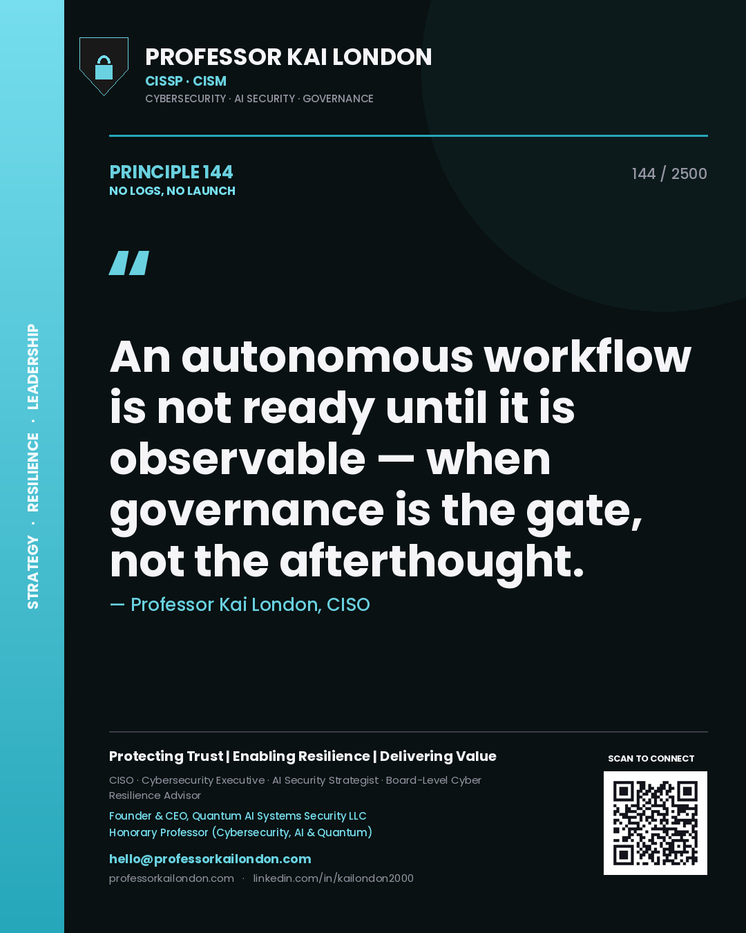 Quote card by Professor Kai London reading 'An autonomous workflow is not ready until it is observable — when governance is the gate, not the afterthought.'. From the book No Logs, No Launch.