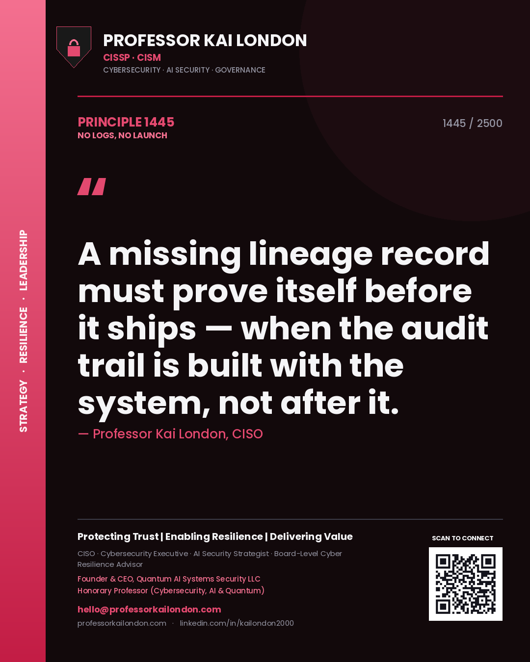 Quote card by Professor Kai London reading 'A missing lineage record must prove itself before it ships — when the audit trail is built with the system, not after it.'. From the book No Logs, No Launch.