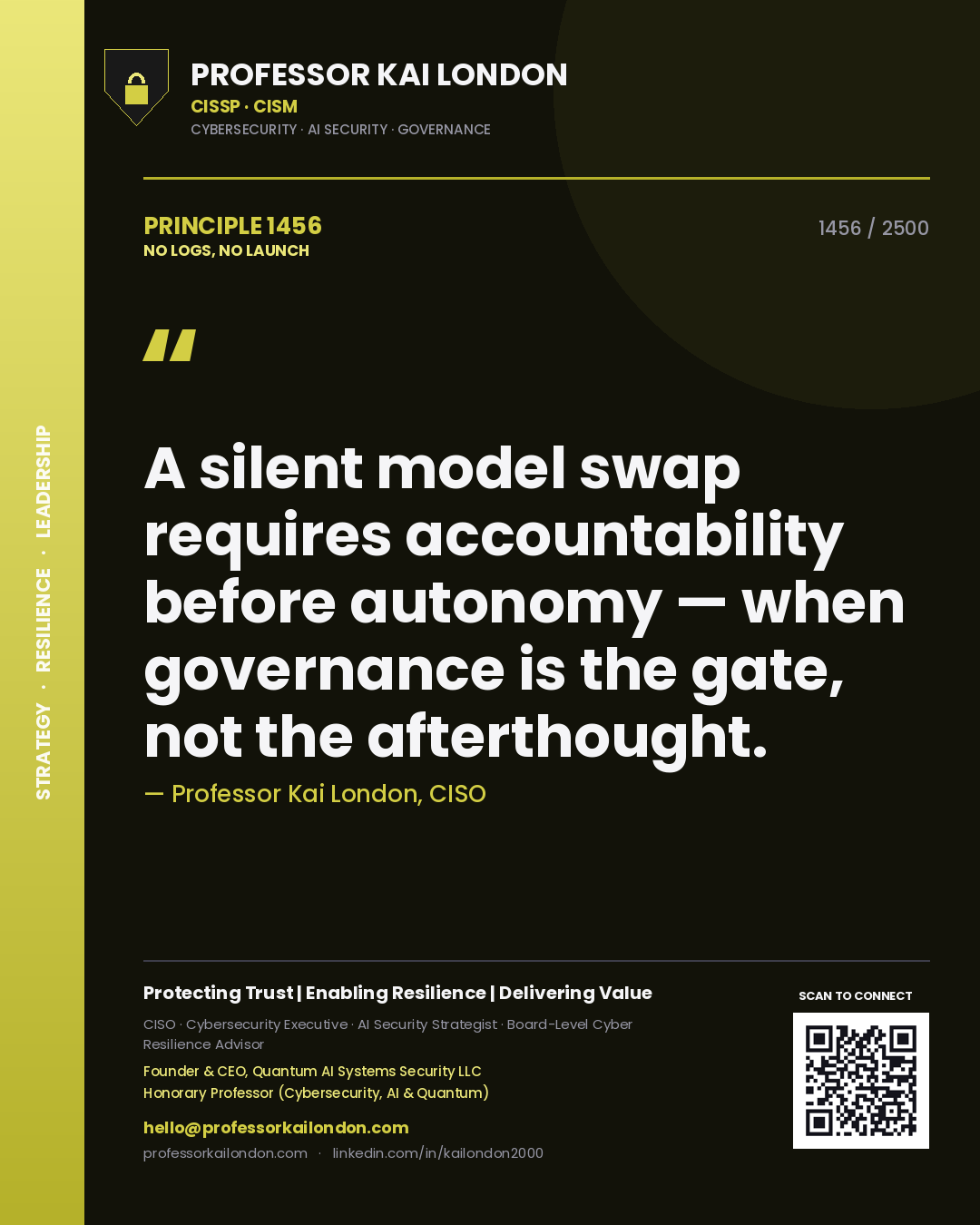 Professor Kai London principle 1456: A silent model swap requires accountability before autonomy — when governance is the gate, not the afterthought.