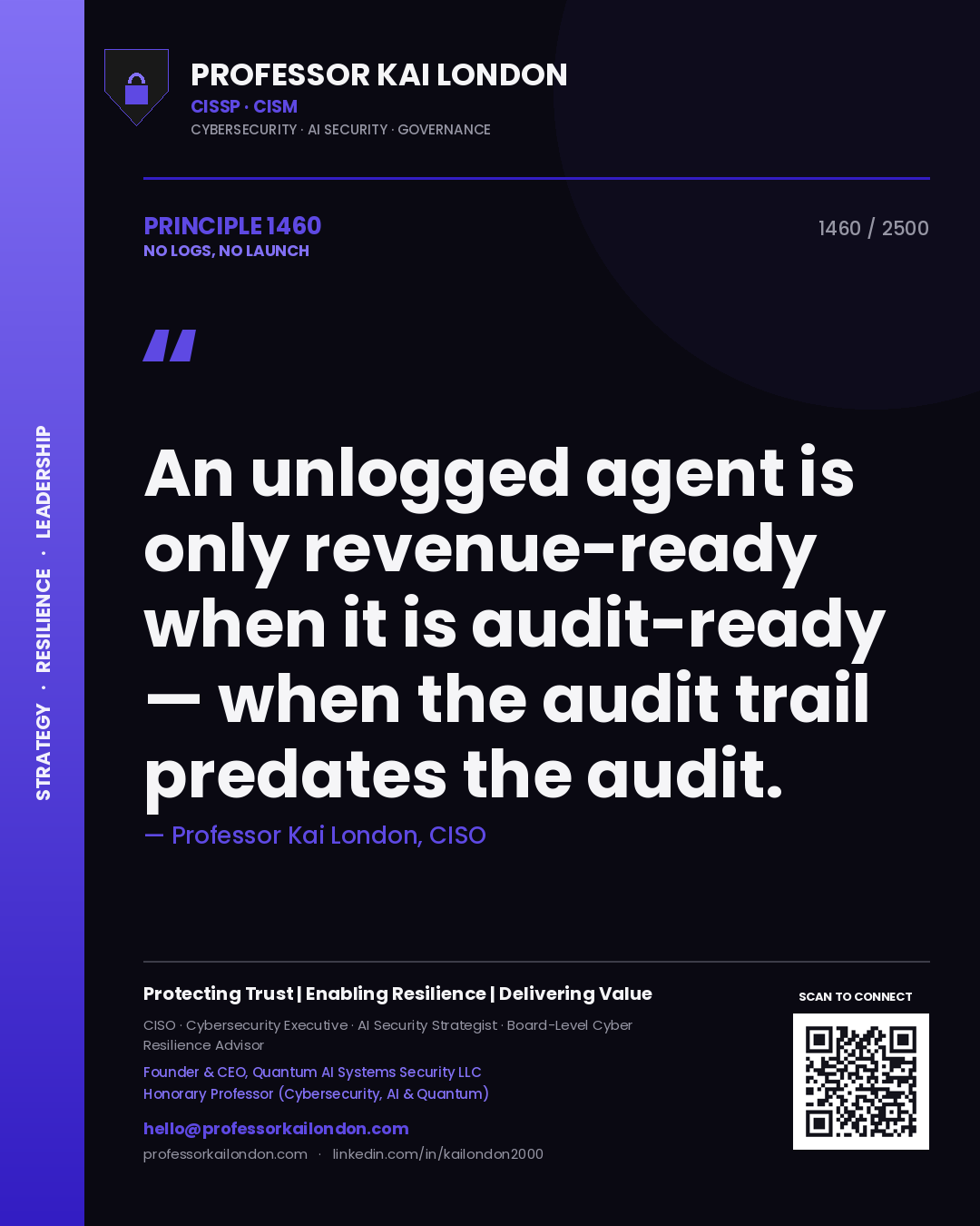 Quote card by Professor Kai London reading 'An unlogged agent is only revenue-ready when it is audit-ready — when the audit trail predates the audit.'. From the book No Logs, No Launch.