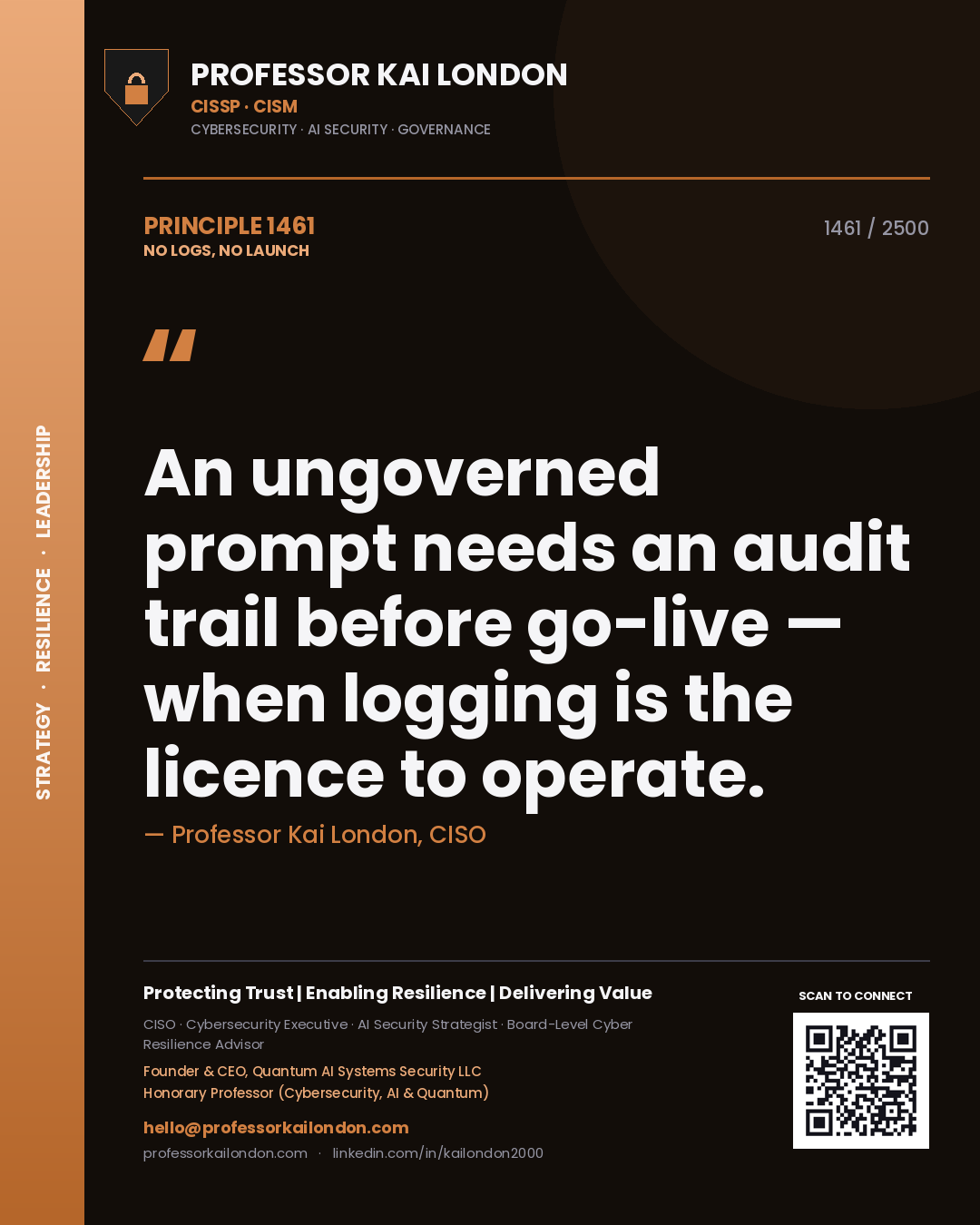 Professor Kai London principle 1461: An ungoverned prompt needs an audit trail before go-live — when logging is the licence to operate.