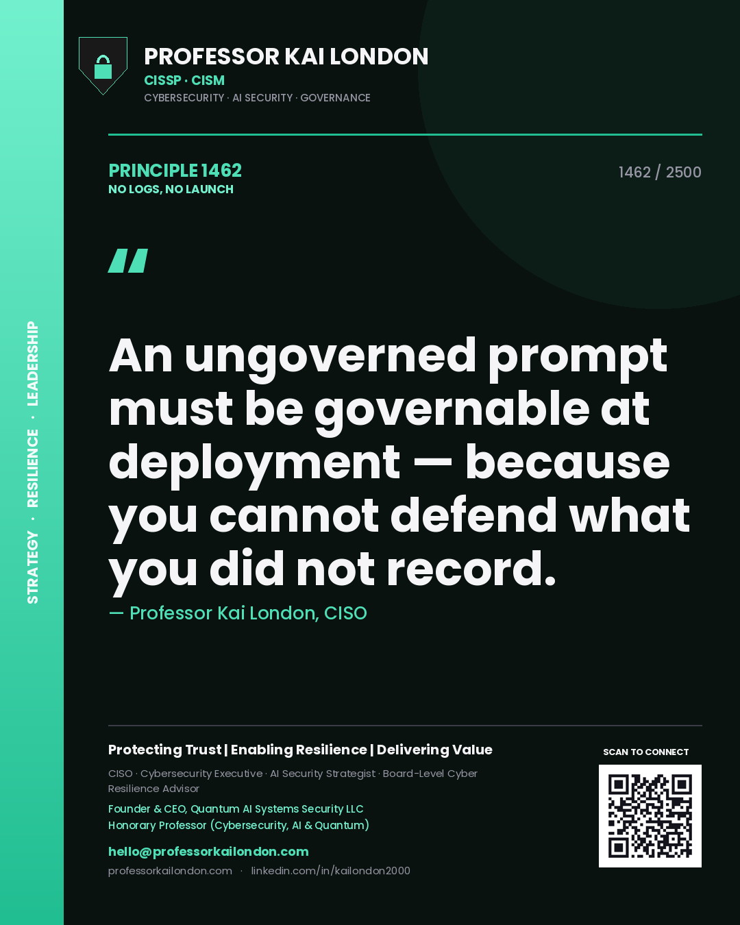 Professor Kai London principle 1462: An ungoverned prompt must be governable at deployment — because you cannot defend what you did not record.