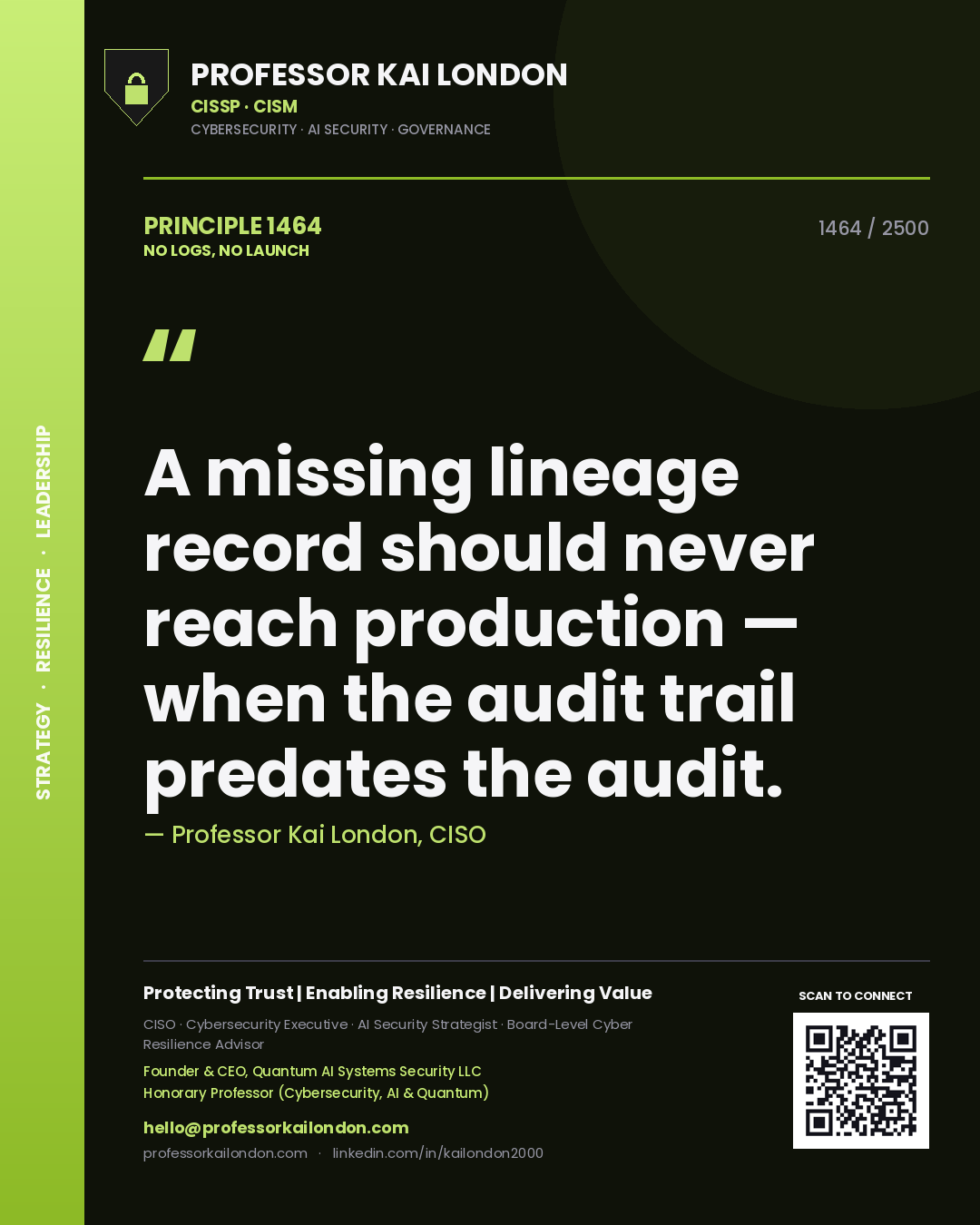Quote card by Professor Kai London reading 'A missing lineage record should never reach production — when the audit trail predates the audit.'. From the book No Logs, No Launch.
