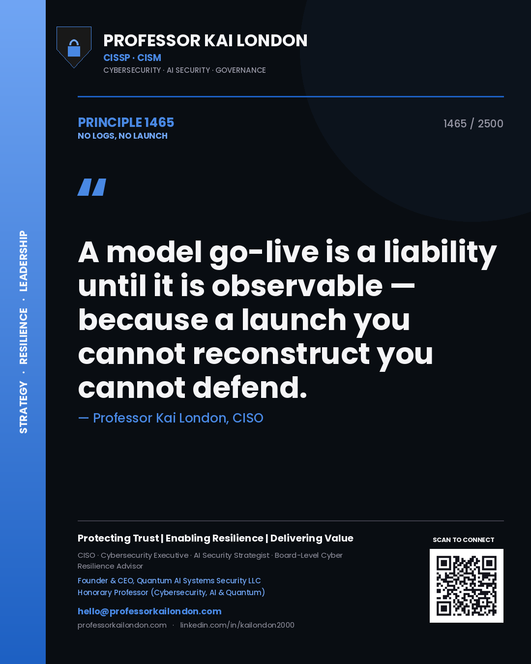 Quote card by Professor Kai London reading 'A model go-live is a liability until it is observable — because a launch you cannot reconstruct you cannot defend.'. From the book No Logs, No Launch.