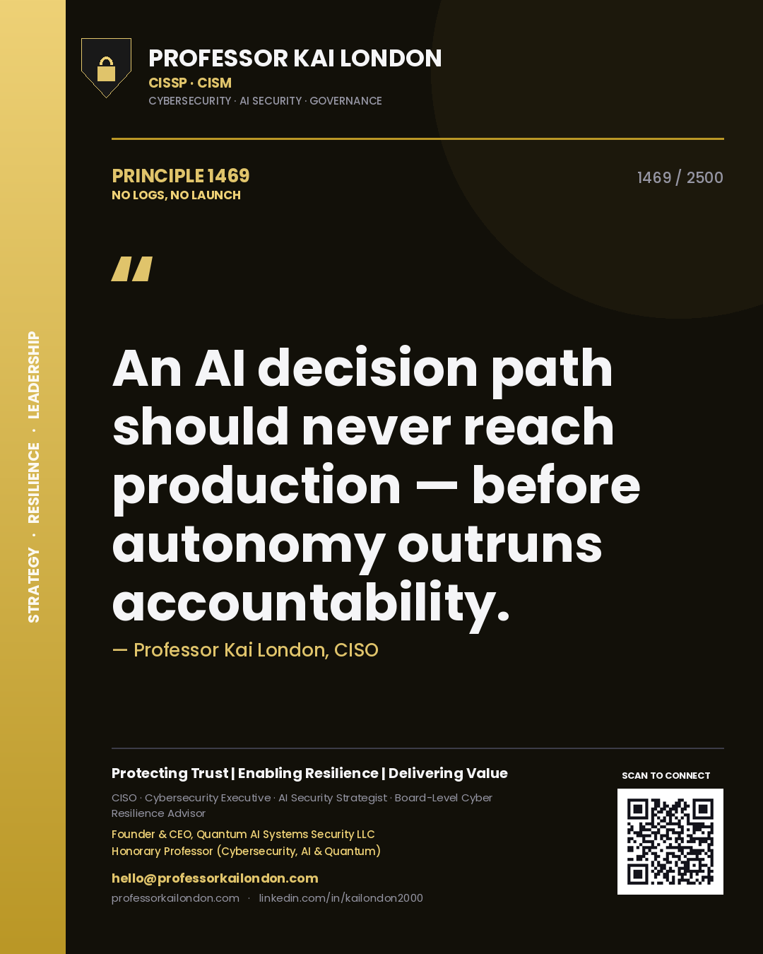 Quote card by Professor Kai London reading 'An AI decision path should never reach production — before autonomy outruns accountability.'. From the book No Logs, No Launch.