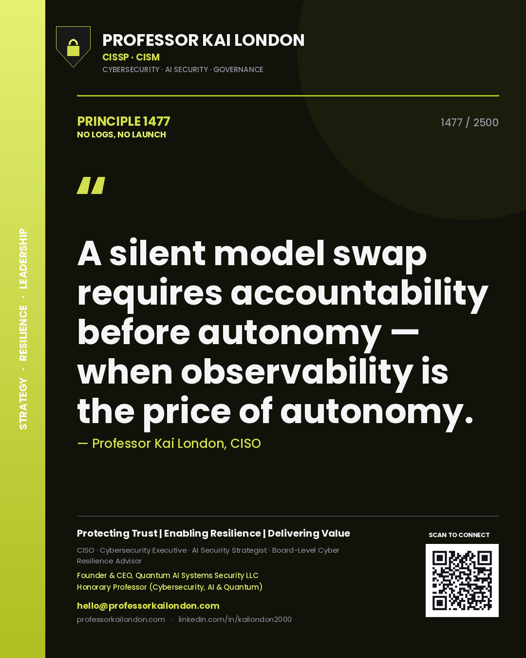 Quote card by Professor Kai London reading 'A silent model swap requires accountability before autonomy — when observability is the price of autonomy.'. From the book No Logs, No Launch.