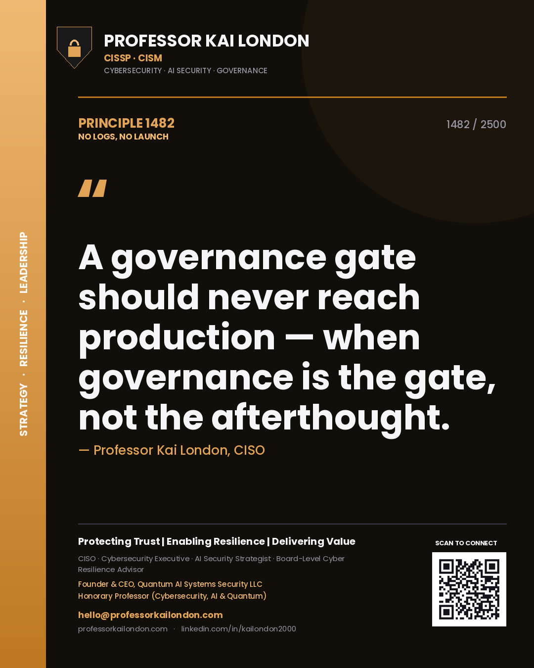 Quote card by Professor Kai London reading 'A governance gate should never reach production — when governance is the gate, not the afterthought.'. From the book No Logs, No Launch.