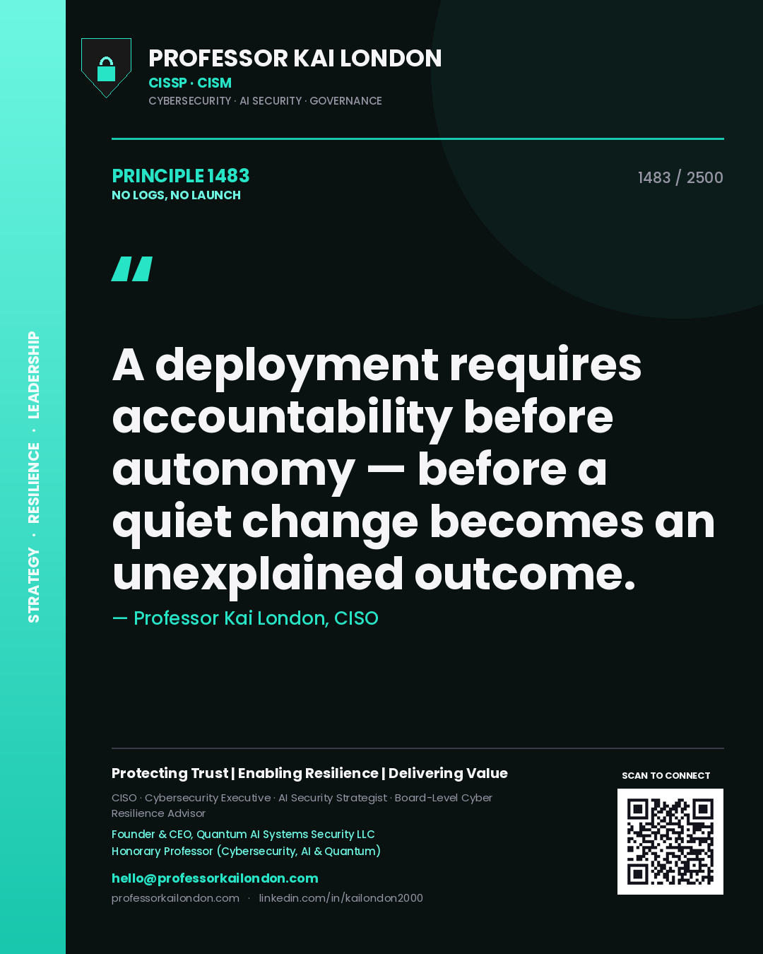 Professor Kai London principle 1483: A deployment requires accountability before autonomy — before a quiet change becomes an unexplained outcome.