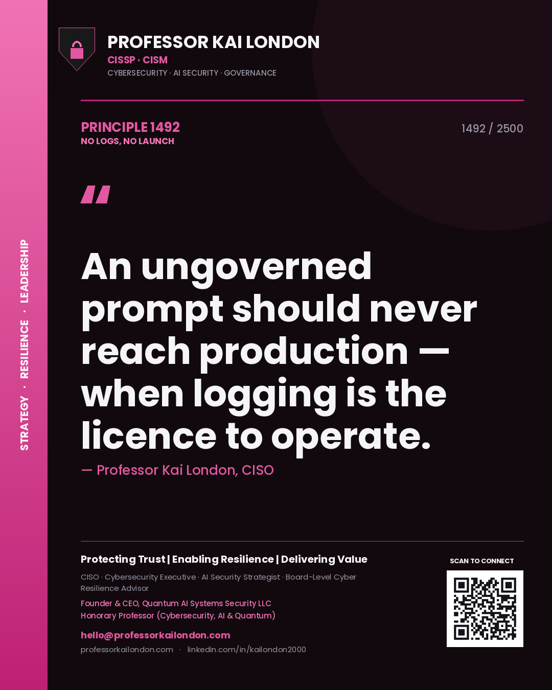 Quote card by Professor Kai London reading 'An ungoverned prompt should never reach production — when logging is the licence to operate.'. From the book No Logs, No Launch.