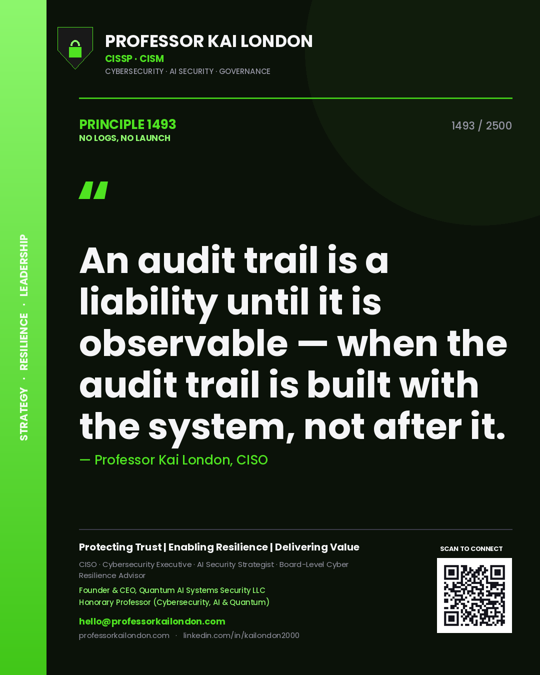Quote card by Professor Kai London reading 'An audit trail is a liability until it is observable — when the audit trail is built with the system, not after it.'. From the book No Logs, No Launch.