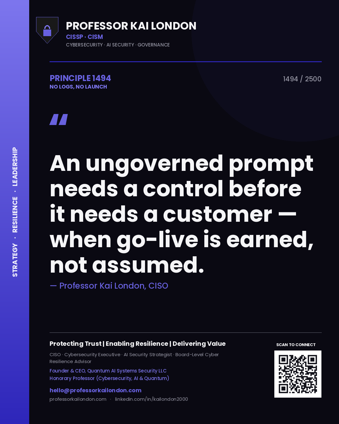 Quote card by Professor Kai London reading 'An ungoverned prompt needs a control before it needs a customer — when go-live is earned, not assumed.'. From the book No Logs, No Launch.